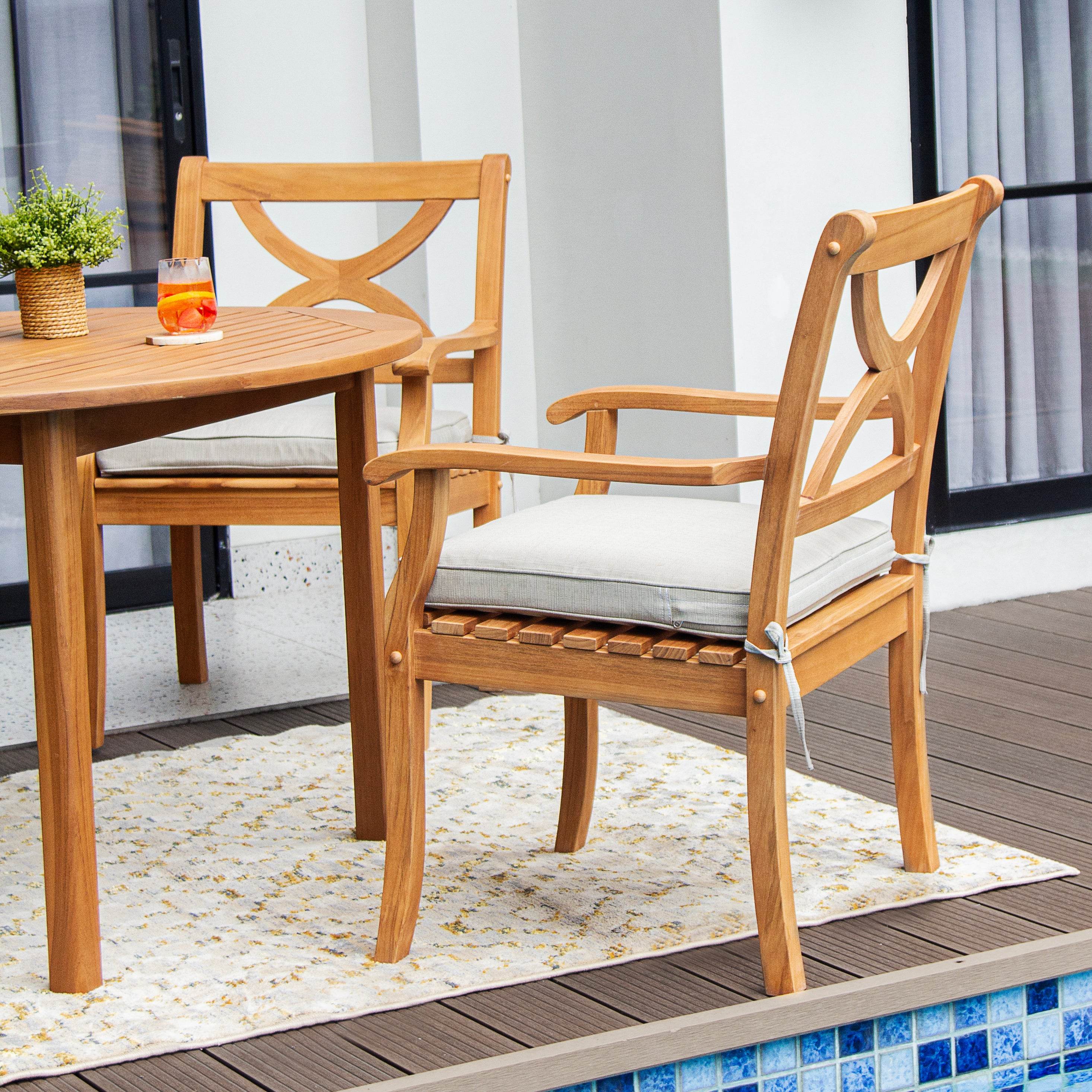 Abbington 5 Pieces Teak Wood Outdoor Dining Round Table with Beige Seatpad - Image 11
