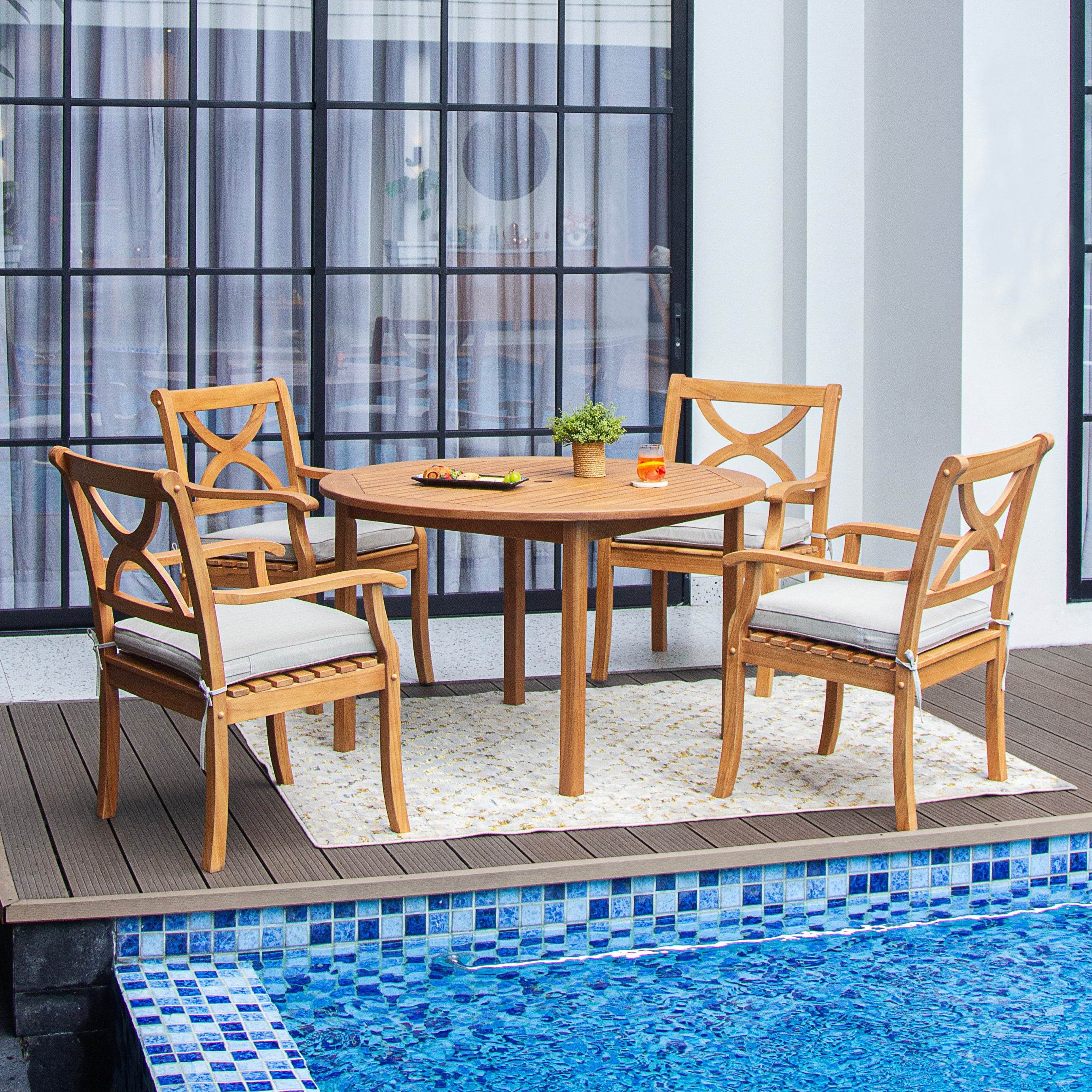 Abbington 5 Pieces Teak Wood Outdoor Dining Round Table with Beige Seatpad - Image 2