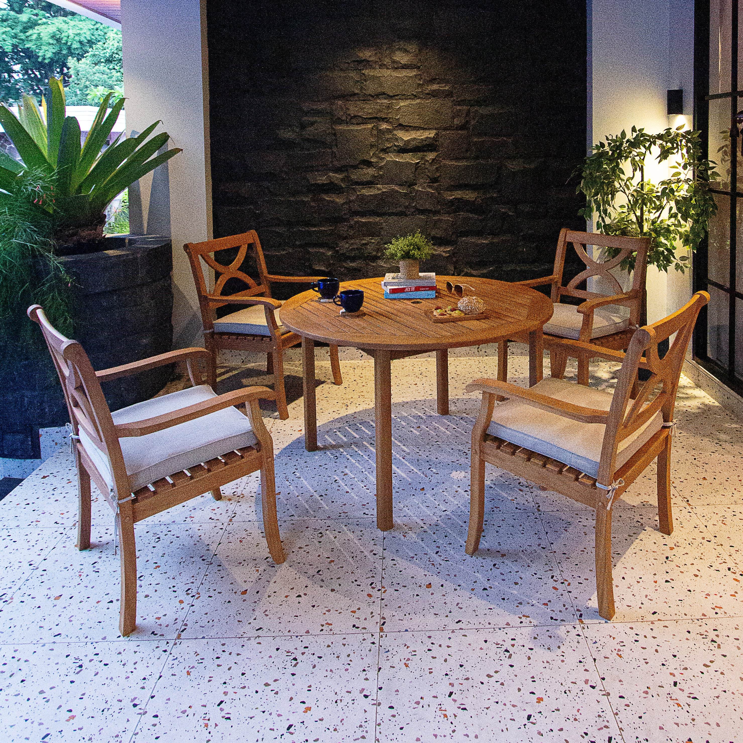 Abbington 5 Pieces Teak Wood Outdoor Dining Round Table with Beige Seatpad - Image 3