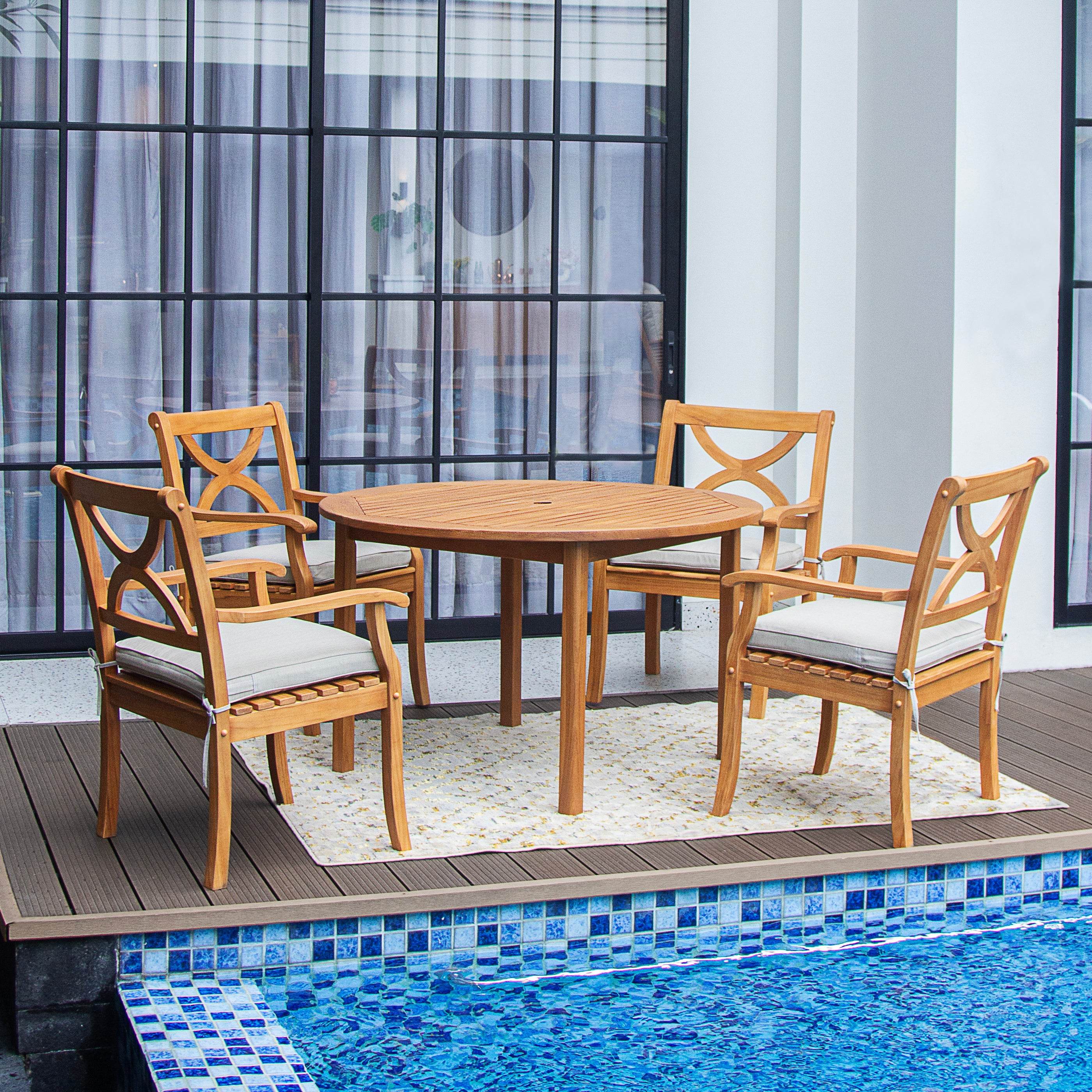 Abbington 5 Pieces Teak Wood Outdoor Dining Round Table with Beige Seatpad - Image 4