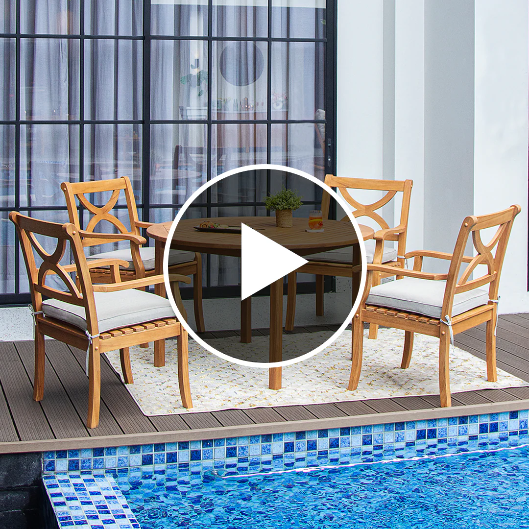 Abbington 5 Pieces Teak Wood Outdoor Dining Round Table with Beige Seatpad - Image 5