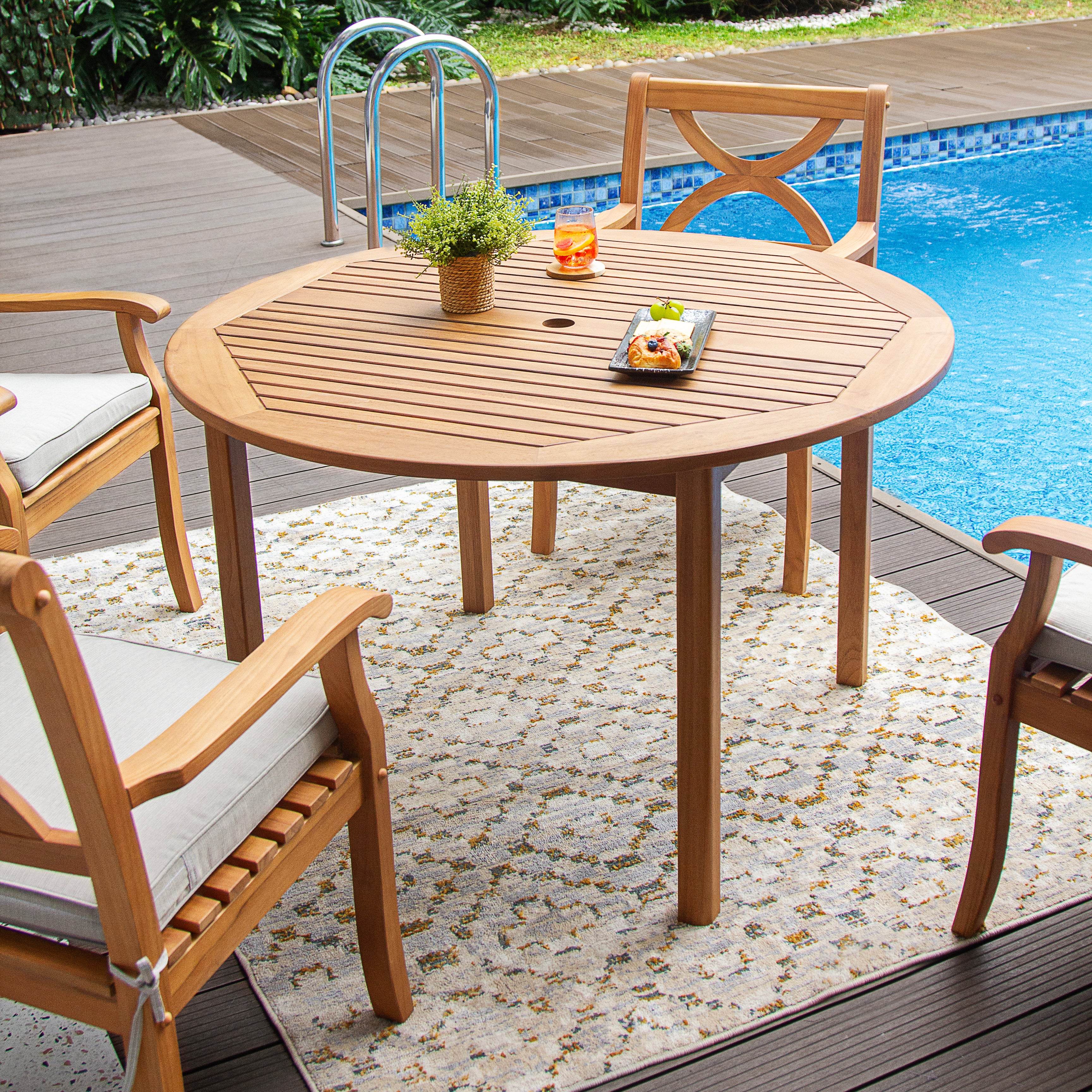 Abbington 5 Pieces Teak Wood Outdoor Dining Round Table with Beige Seatpad - Image 6