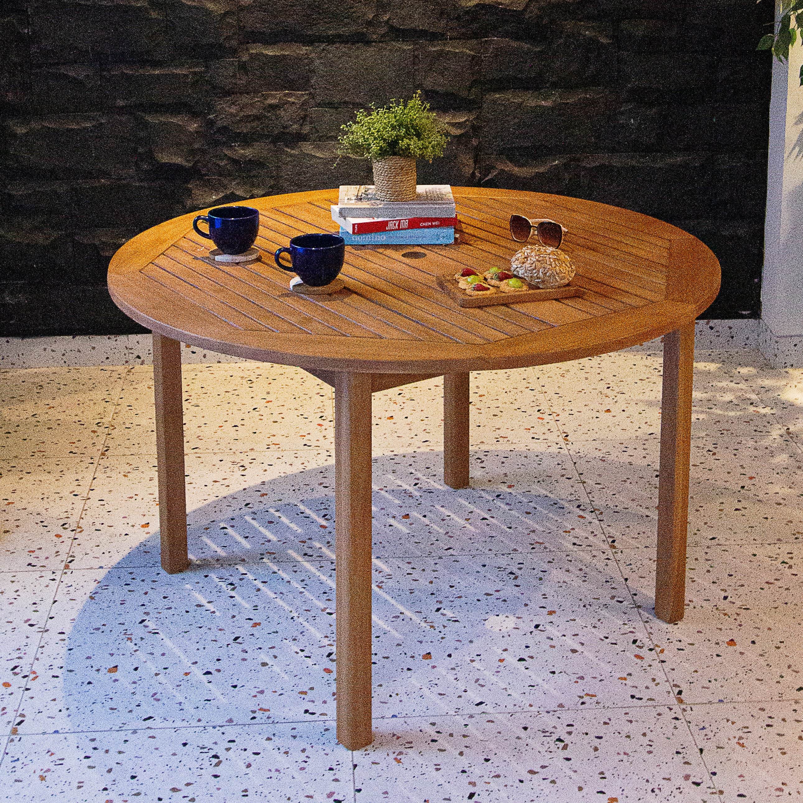 Abbington 5 Pieces Teak Wood Outdoor Dining Round Table with Beige Seatpad - Image 9