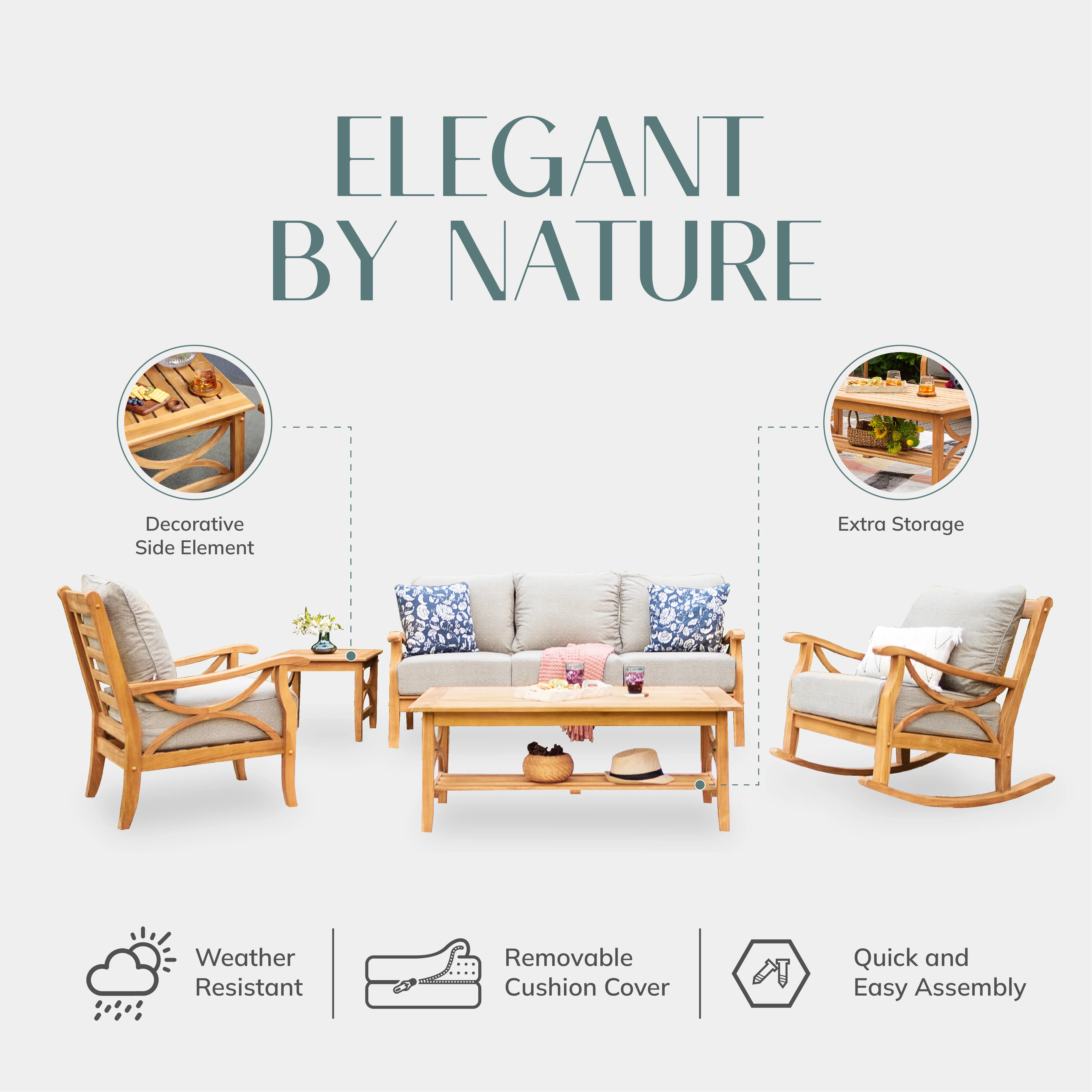Abbington 5 Pieces Teak Wood Patio Conversation Set with Beige Cushion - Image 4