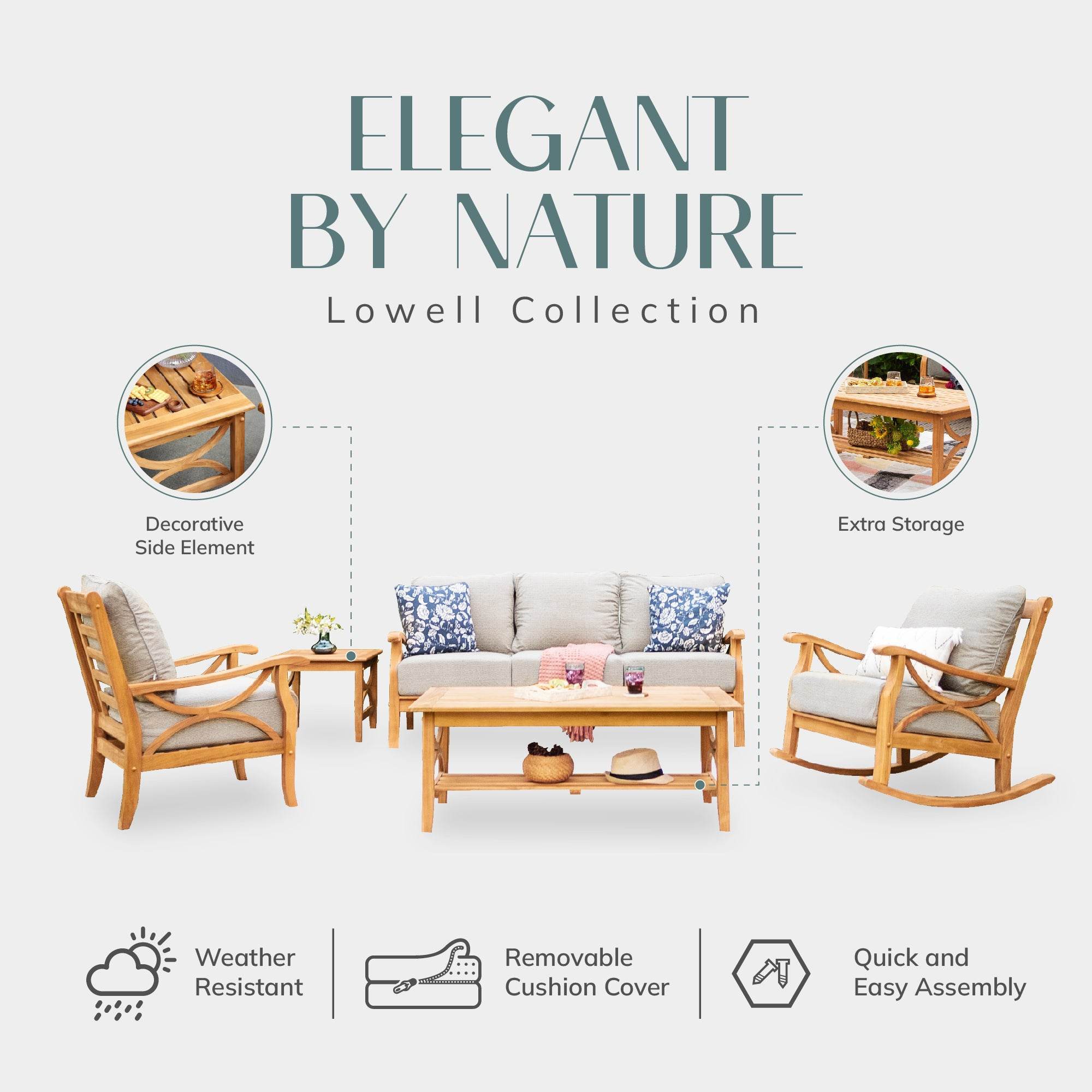 Abbington 5 Pieces Teak Wood Patio Conversation Set with Navy Cushion - Image 4