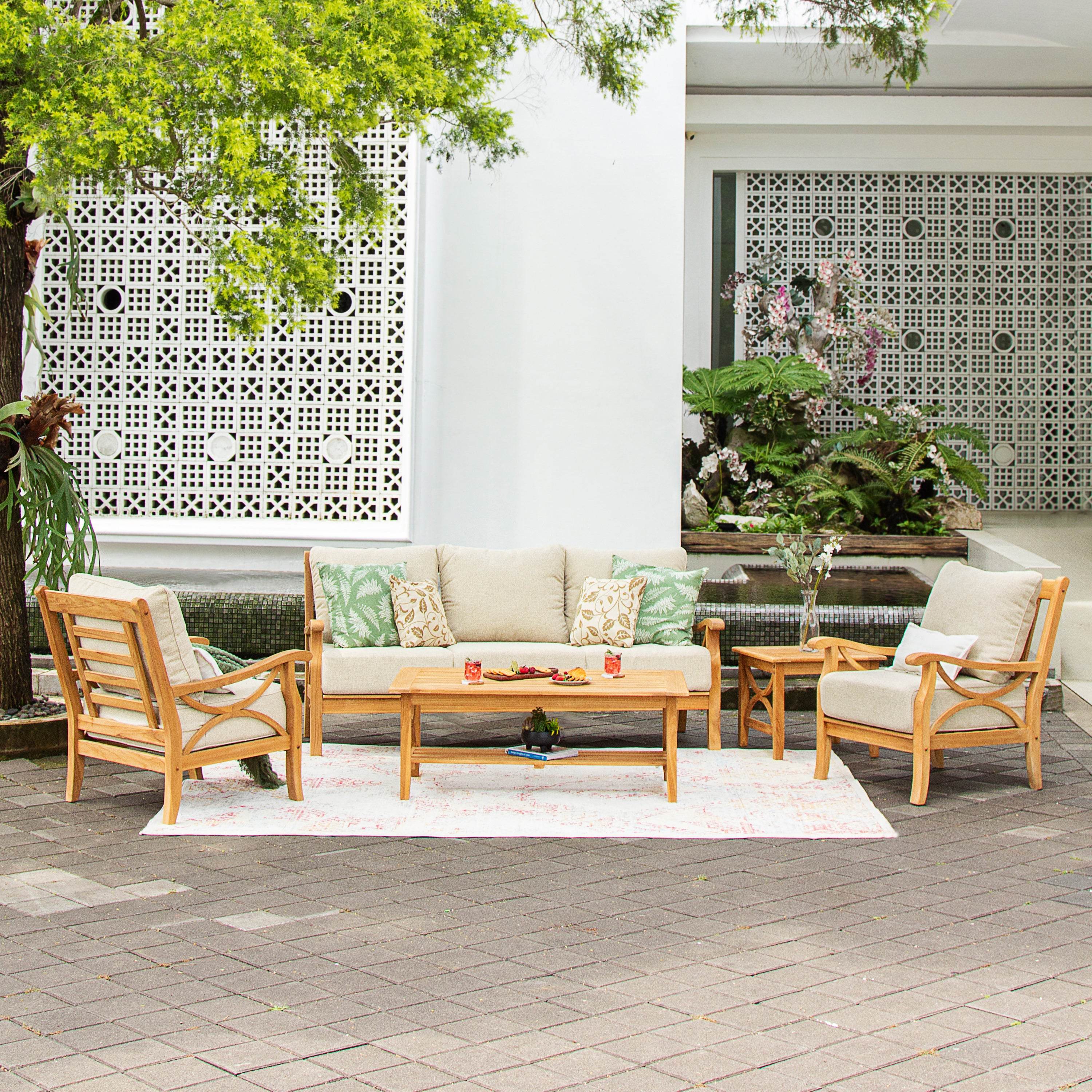Abbington 5 Pieces Teak Wood Patio Conversation Set with Tan Cushion - Image 2