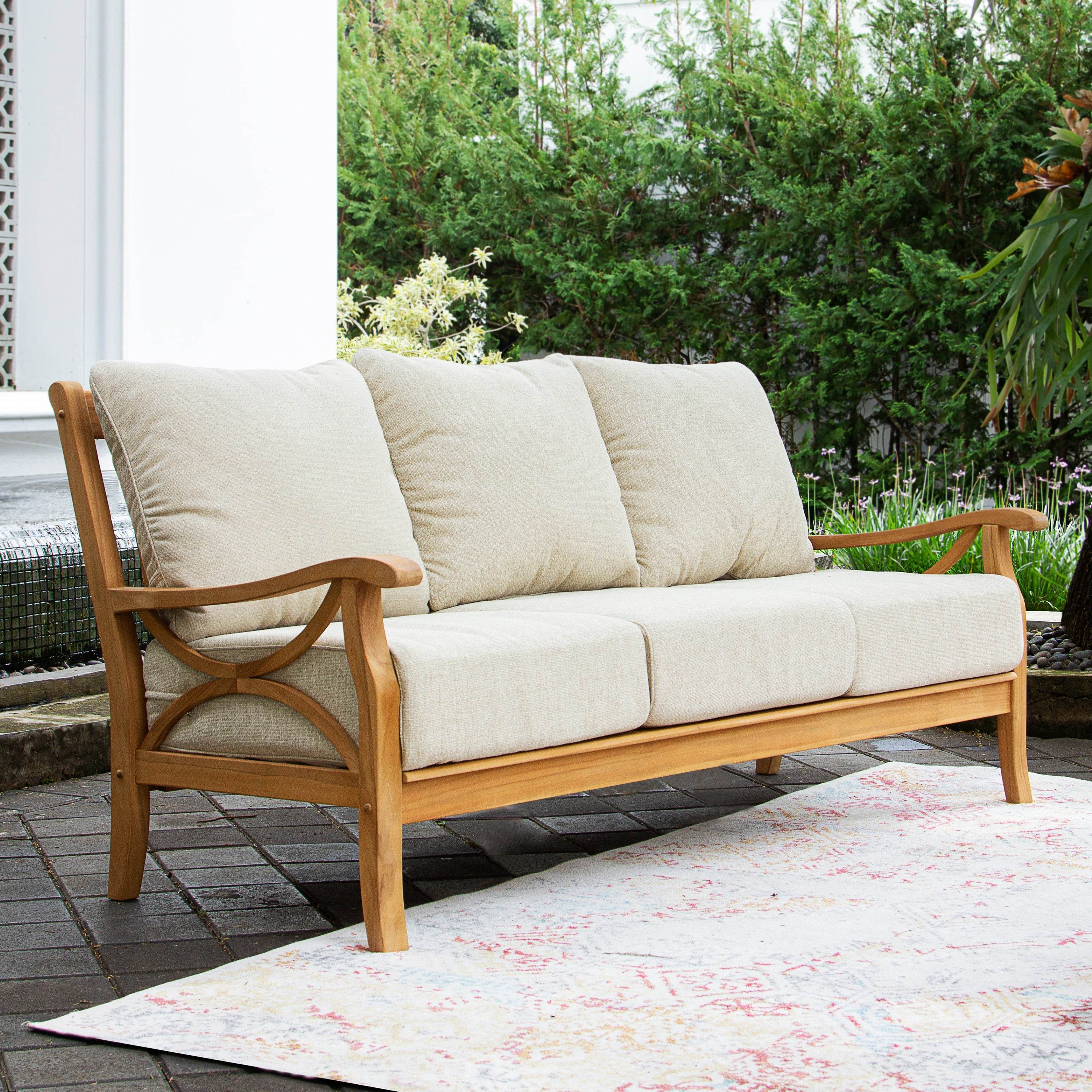 Abbington 5 Pieces Teak Wood Patio Conversation Set with Tan Cushion - Image 3