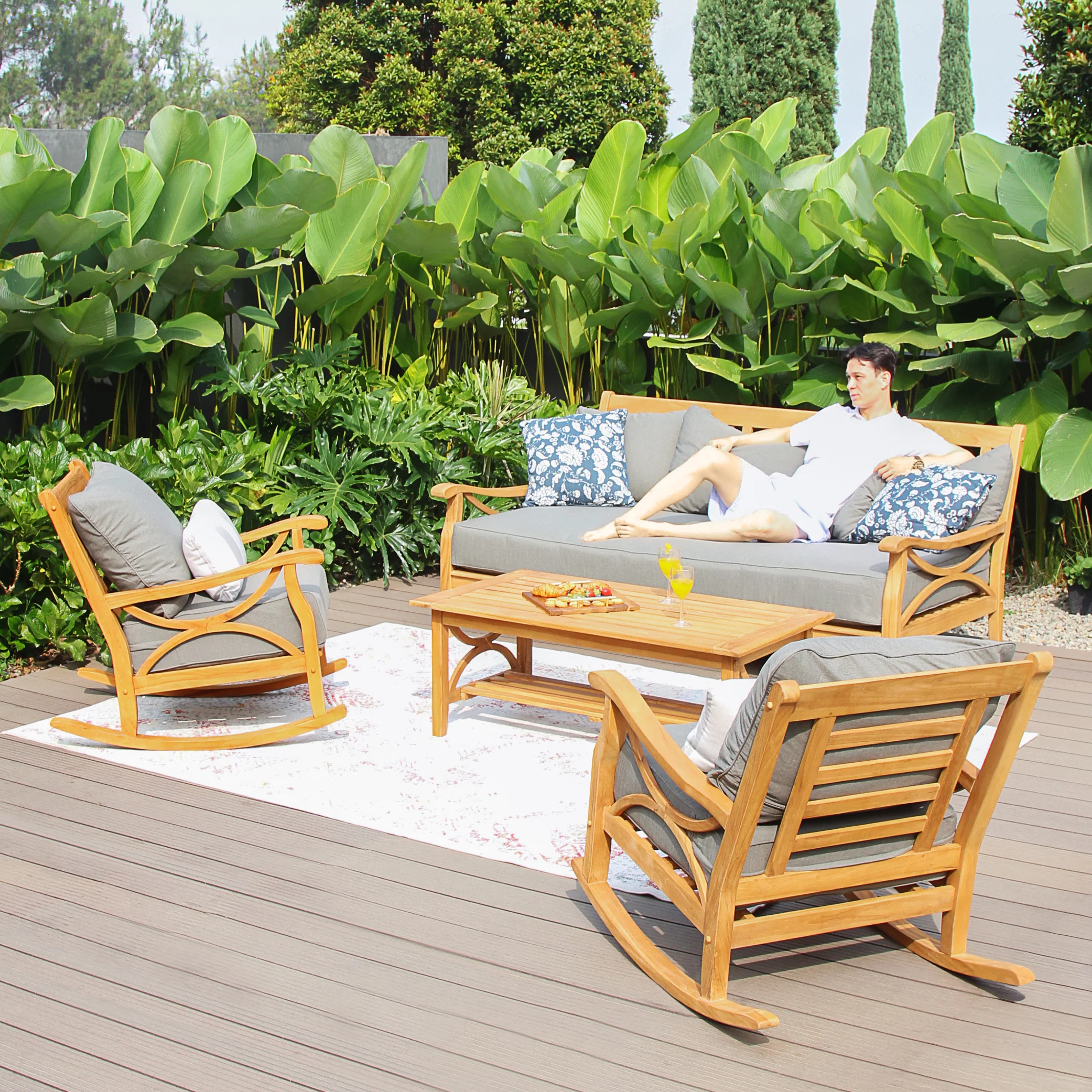 Abbington Solid Teak Wood 4 Piece Outdoor Conversation Set with Gray Cushion - Image 2