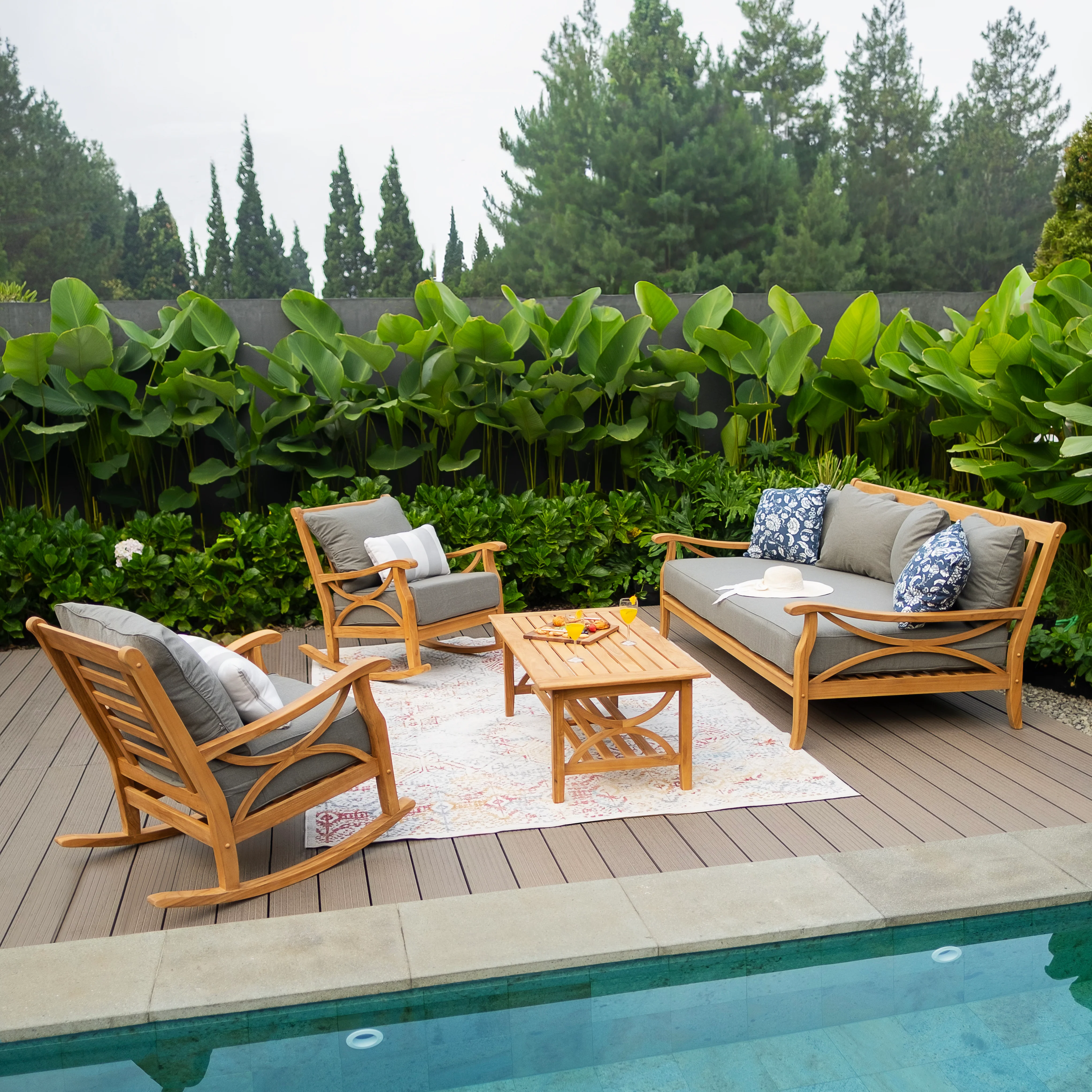 Abbington Solid Teak Wood 4 Piece Outdoor Conversation Set with Gray Cushion - Image 3