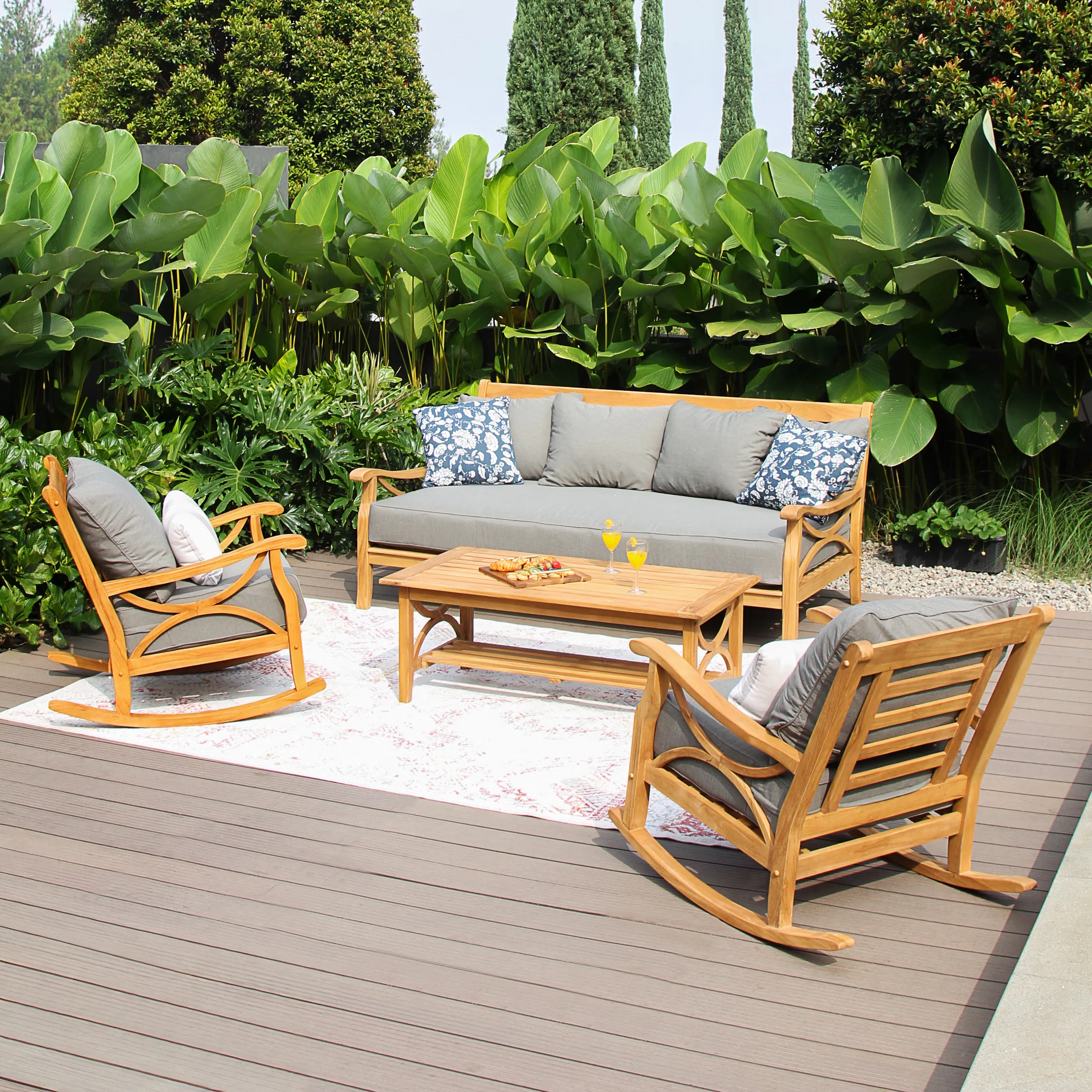 Abbington Solid Teak Wood 4 Piece Outdoor Conversation Set with Gray Cushion - Image 6