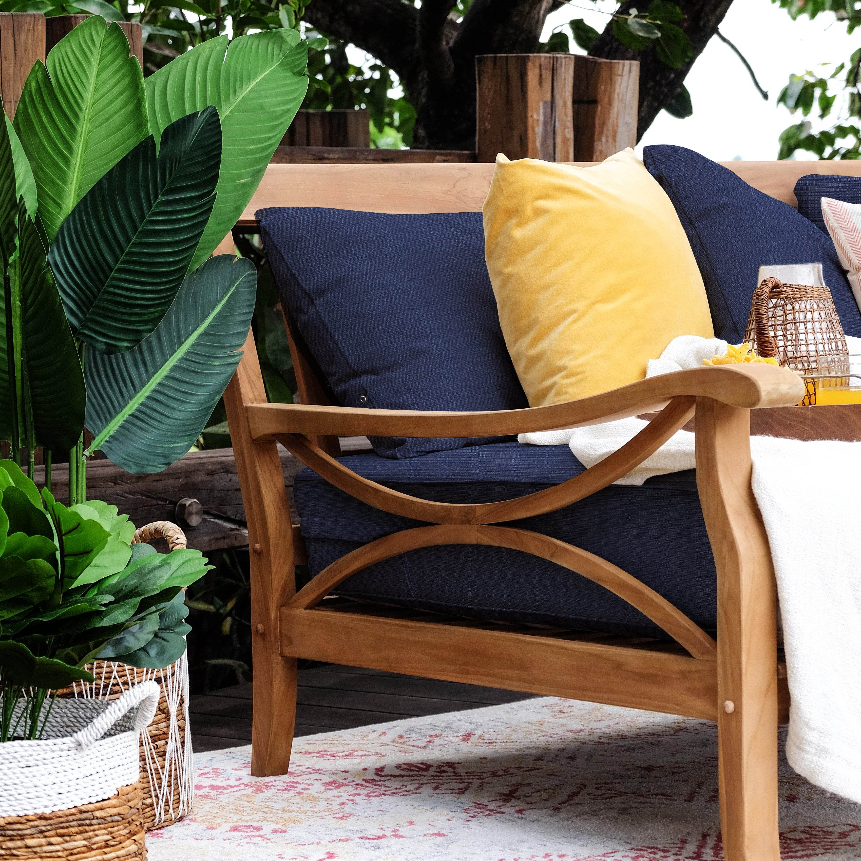 Abbington Solid Teak Wood 4 Piece Outdoor Conversation Set with Navy Cushion - Image 8