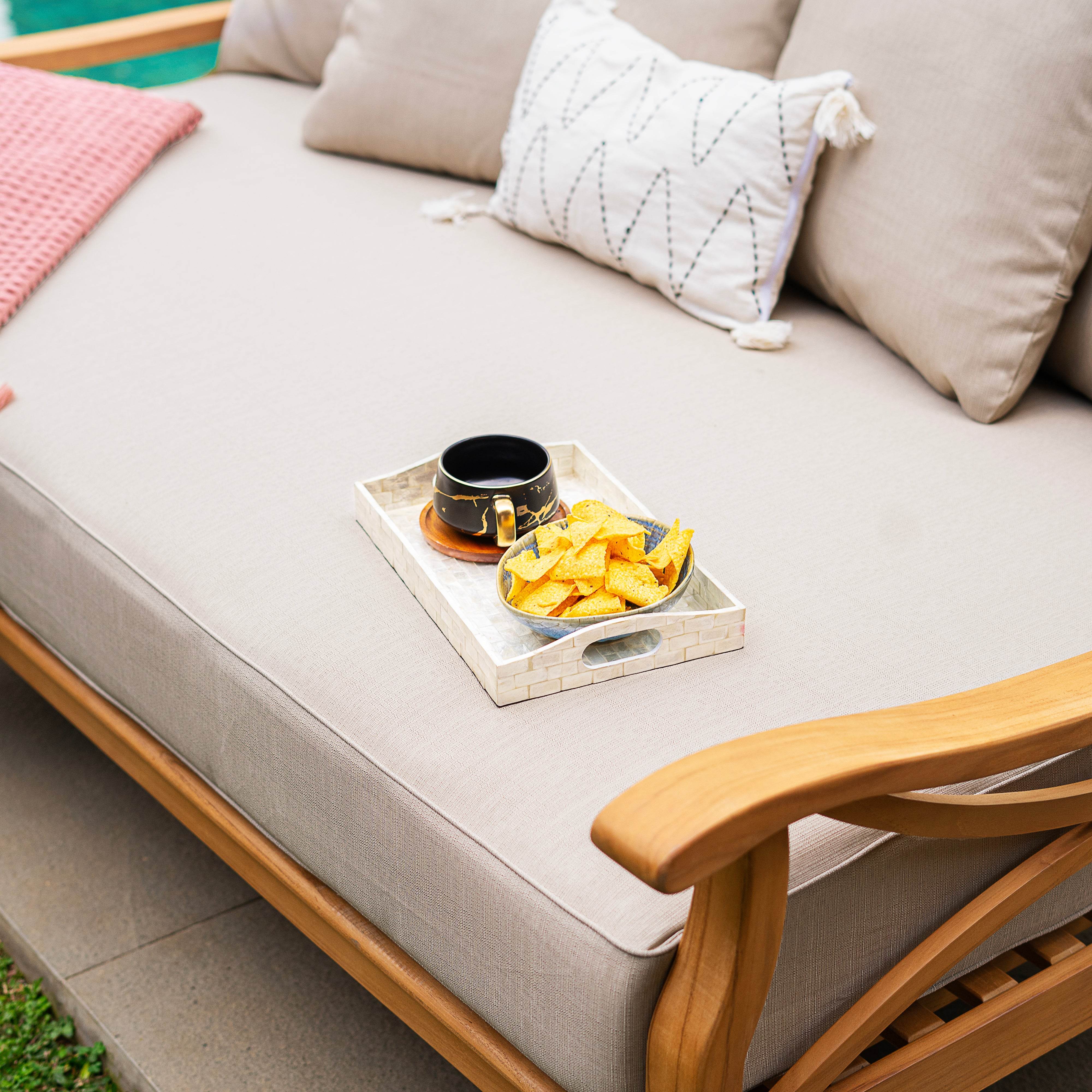 Abbington Solid Teak Wood 4 Piece Patio Conversation Set with Beige Cushion - Image 6