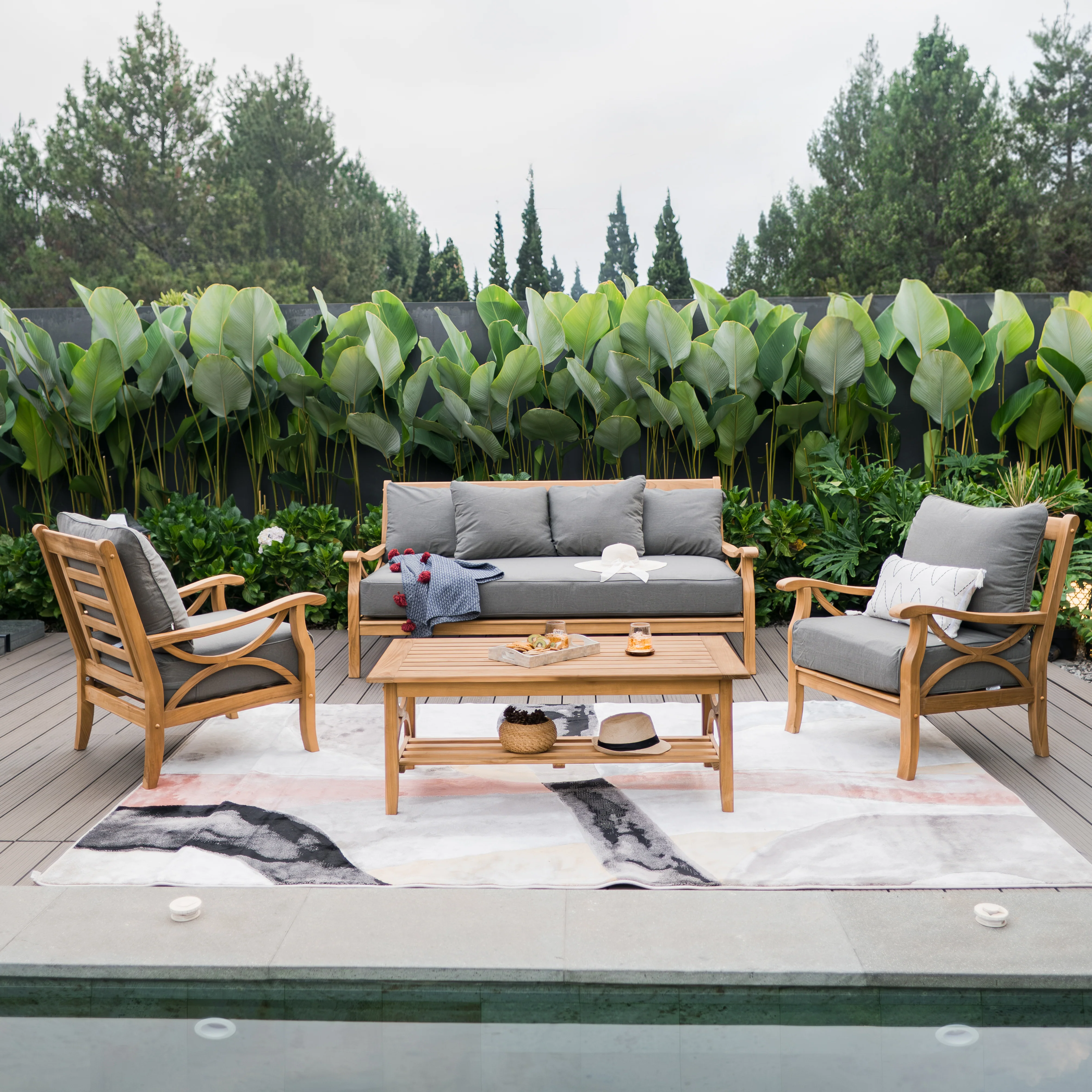 Abbington Solid Teak Wood 4 Piece Patio Conversation Set with Gray Cushion - Image 2