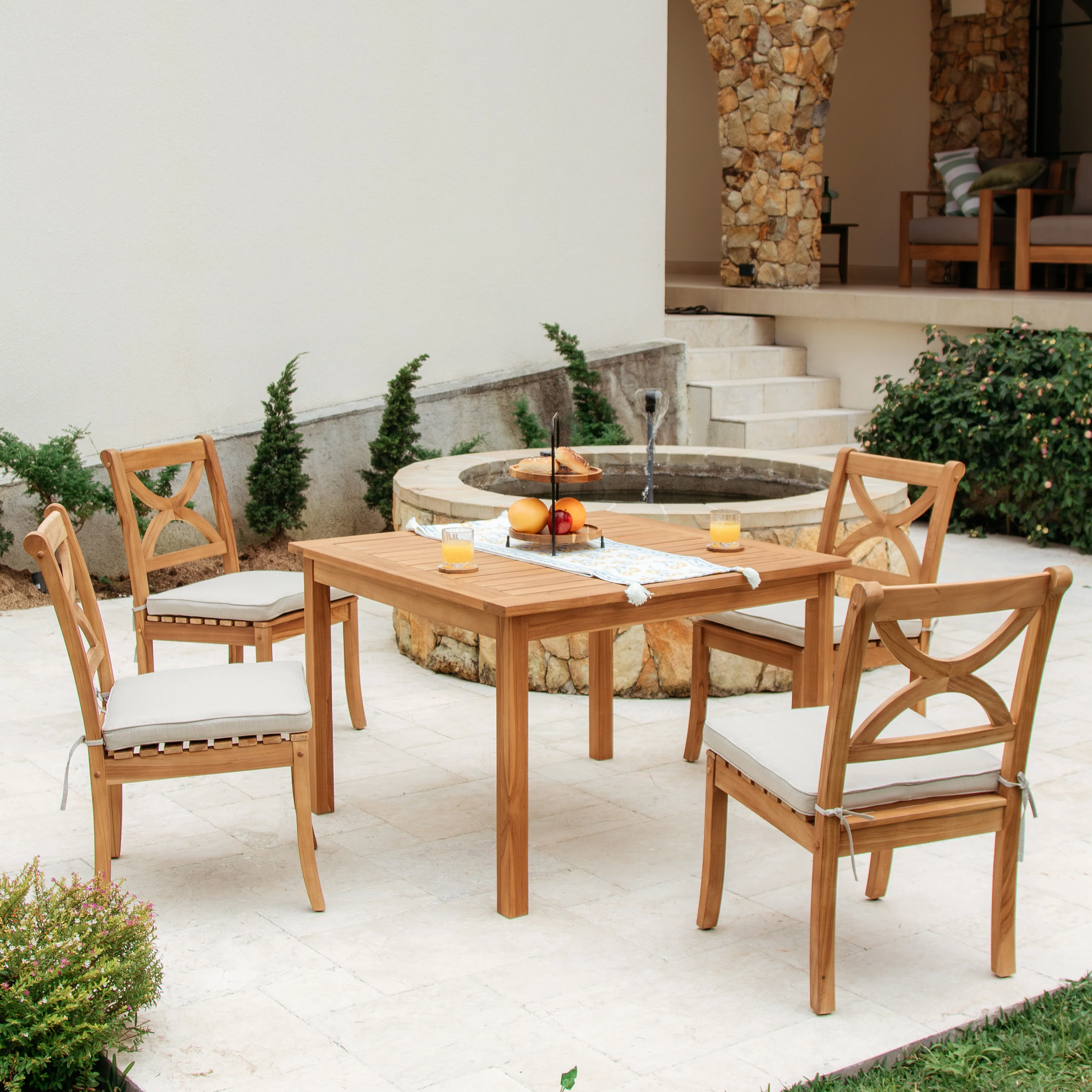 Abbington Solid Wood 5 Pieces Outdoor Dining Set with Beige Seatpad - Image 2