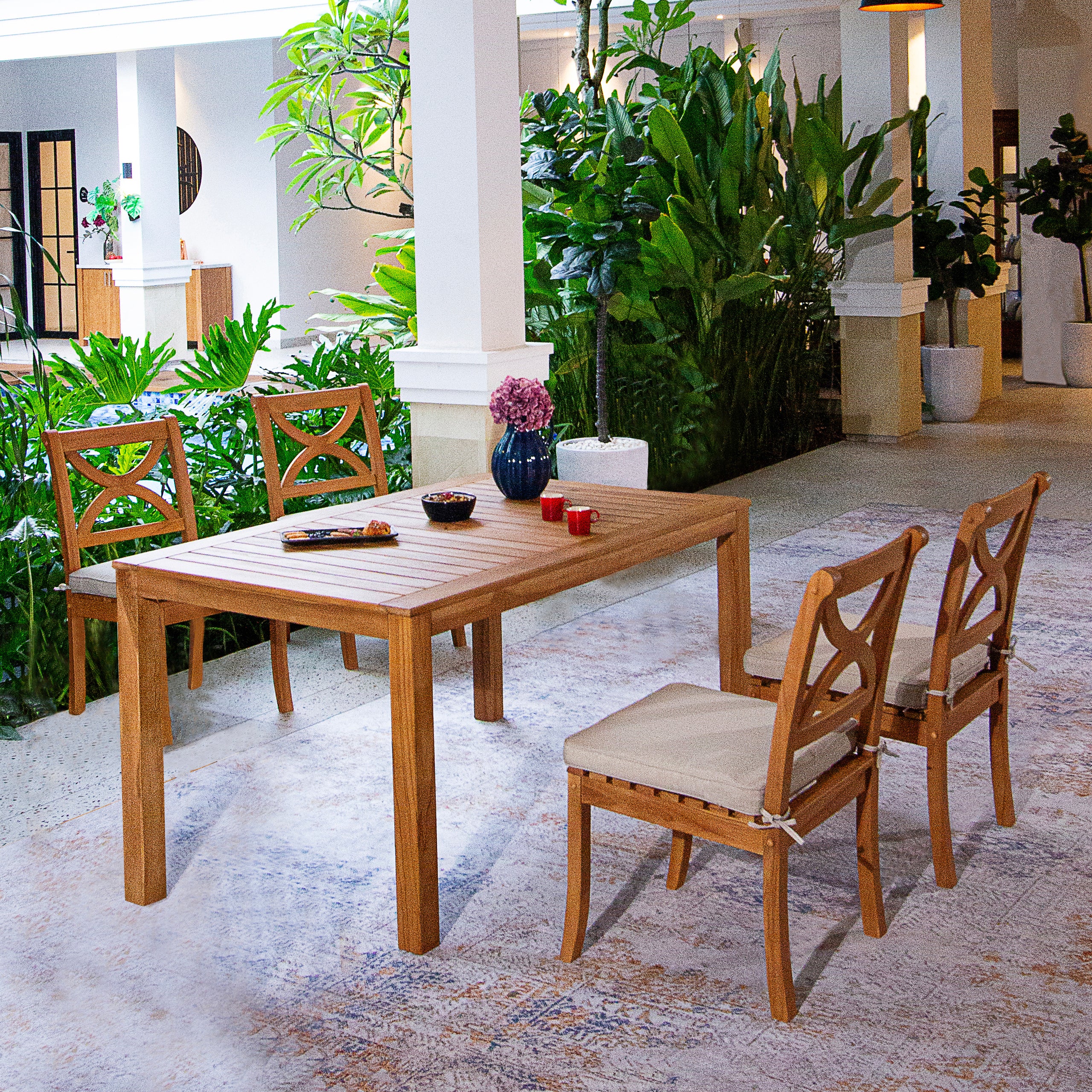 Abbington Teak Wood 2 Pieces Outdoor Dining Chair with Beige Seatpad - Image 2