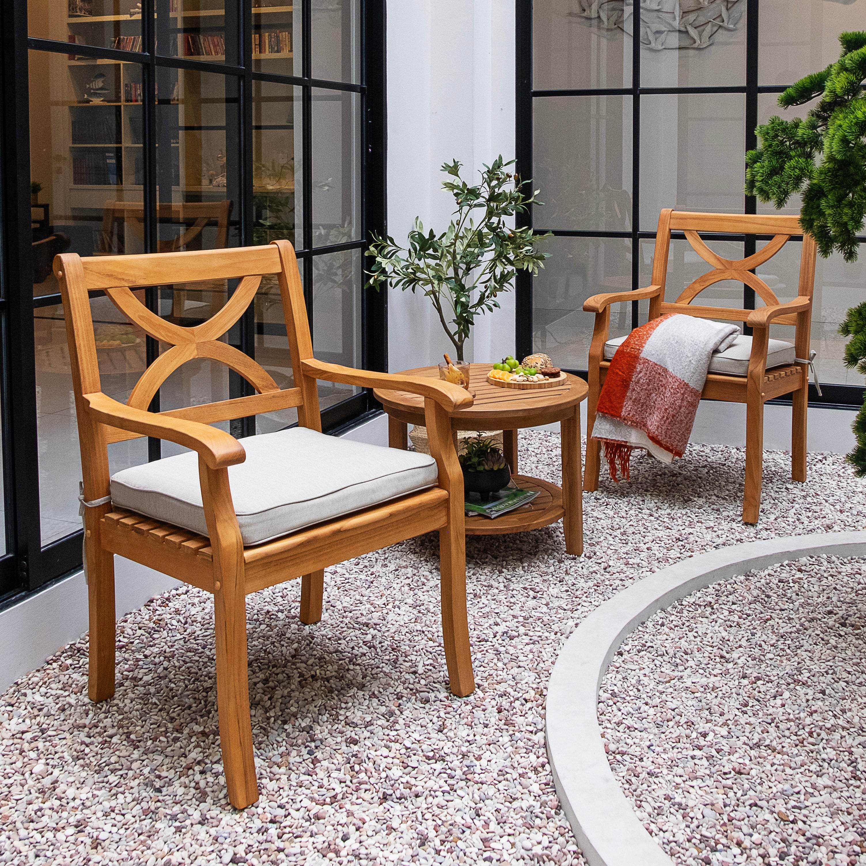 Abbington Teak Wood 3 Piece Outdoor Bistro Set with Beige Seatpad - Image 2
