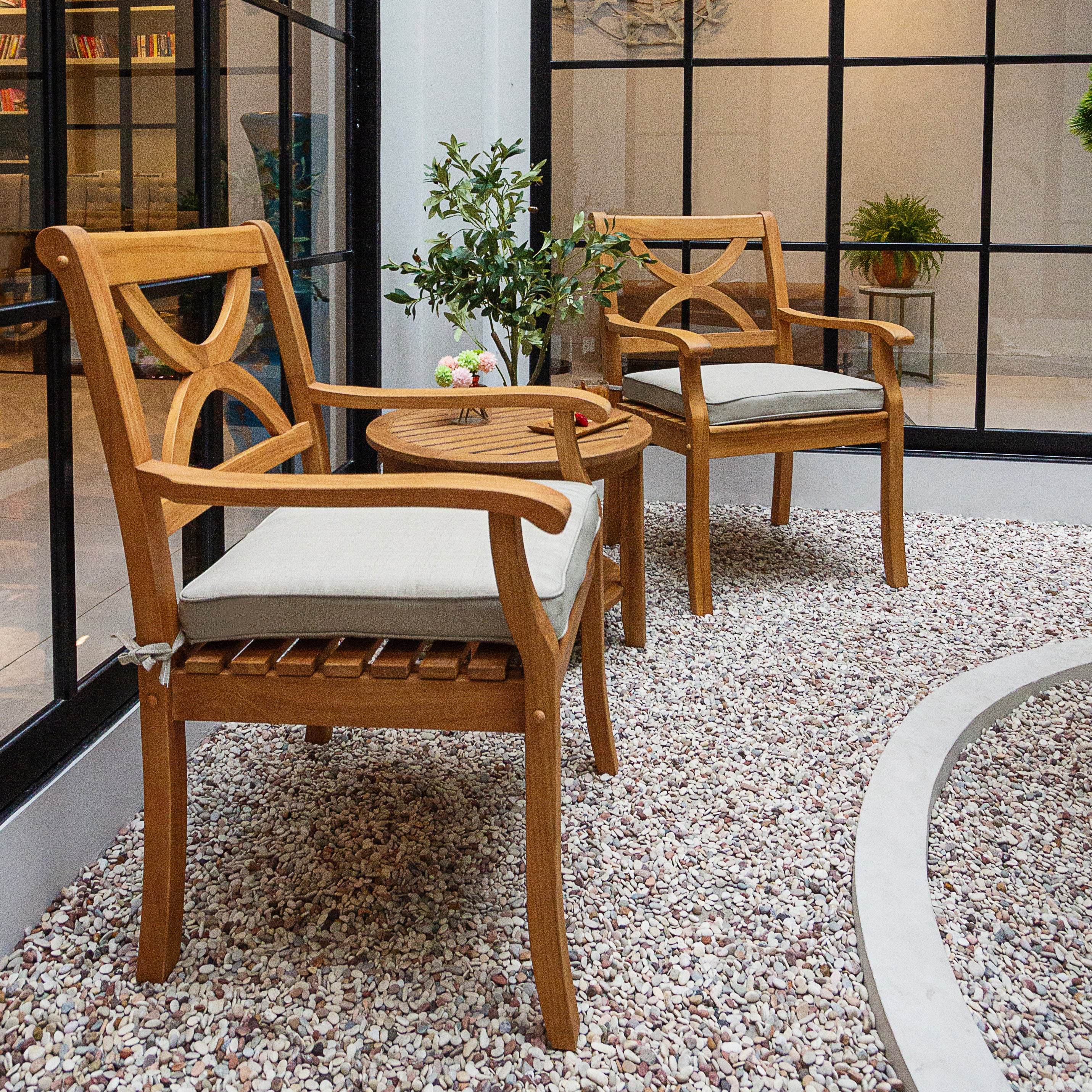 Abbington Teak Wood 3 Piece Outdoor Bistro Set with Beige Seatpad - Image 4