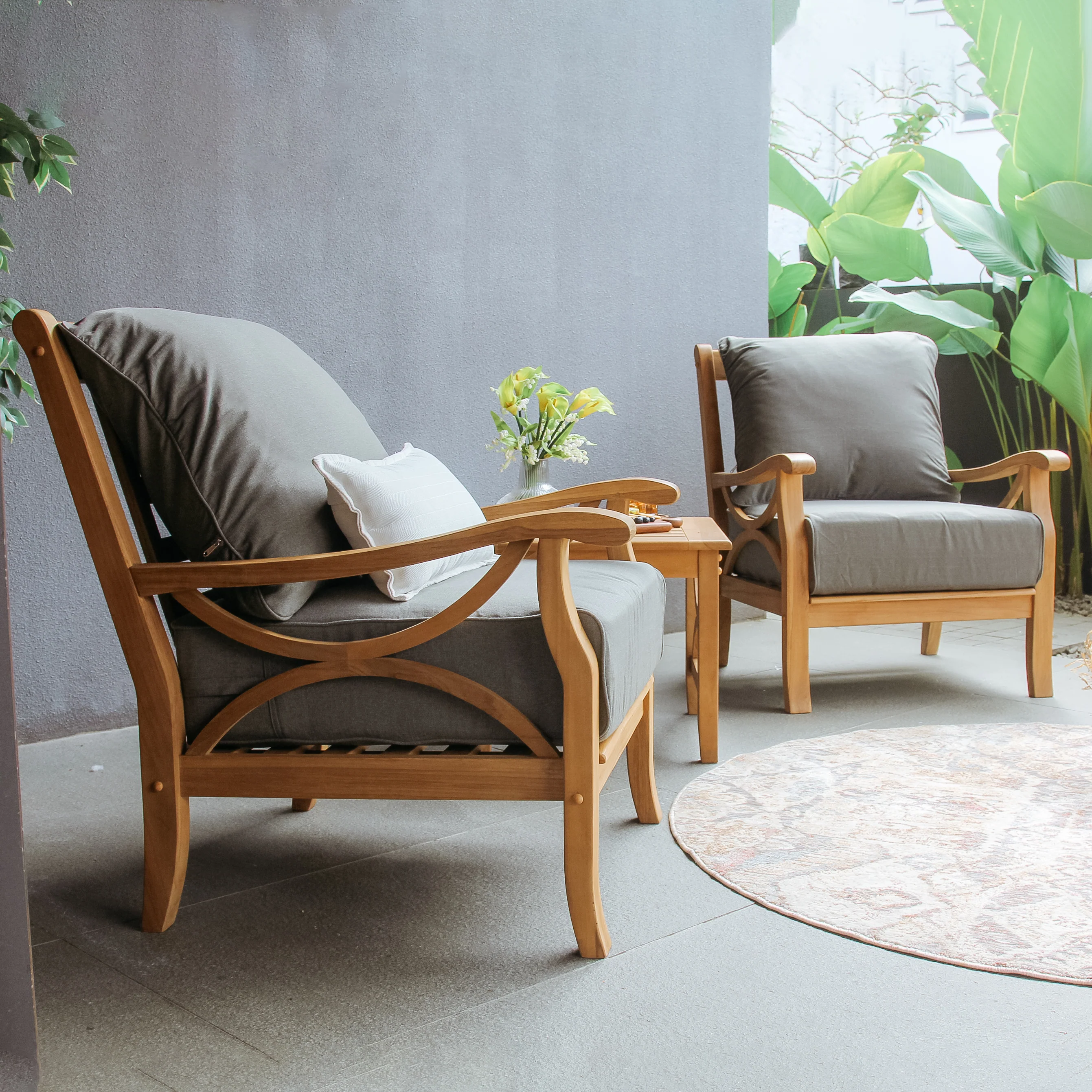 Abbington Teak Wood 3 Piece Patio Conversation Set with Gray Cushion - Image 9