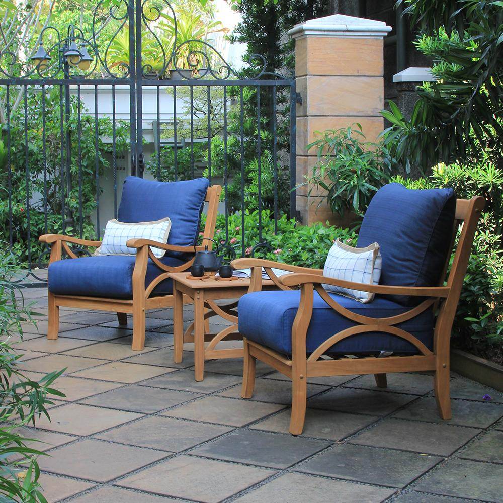 Abbington Teak Wood 3 Pieces Patio Conversation Set with Navy Cushion - Image 3