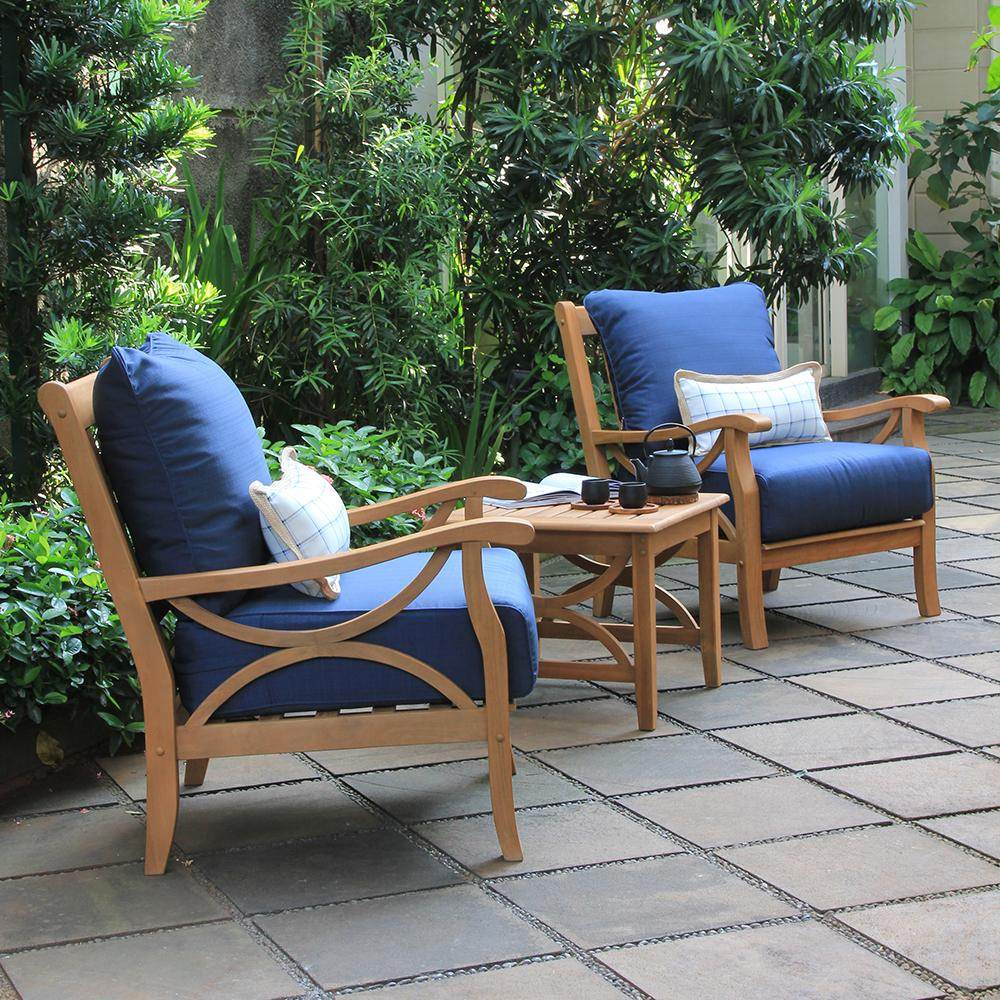 Abbington Teak Wood 3 Pieces Patio Conversation Set with Navy Cushion - Image 4