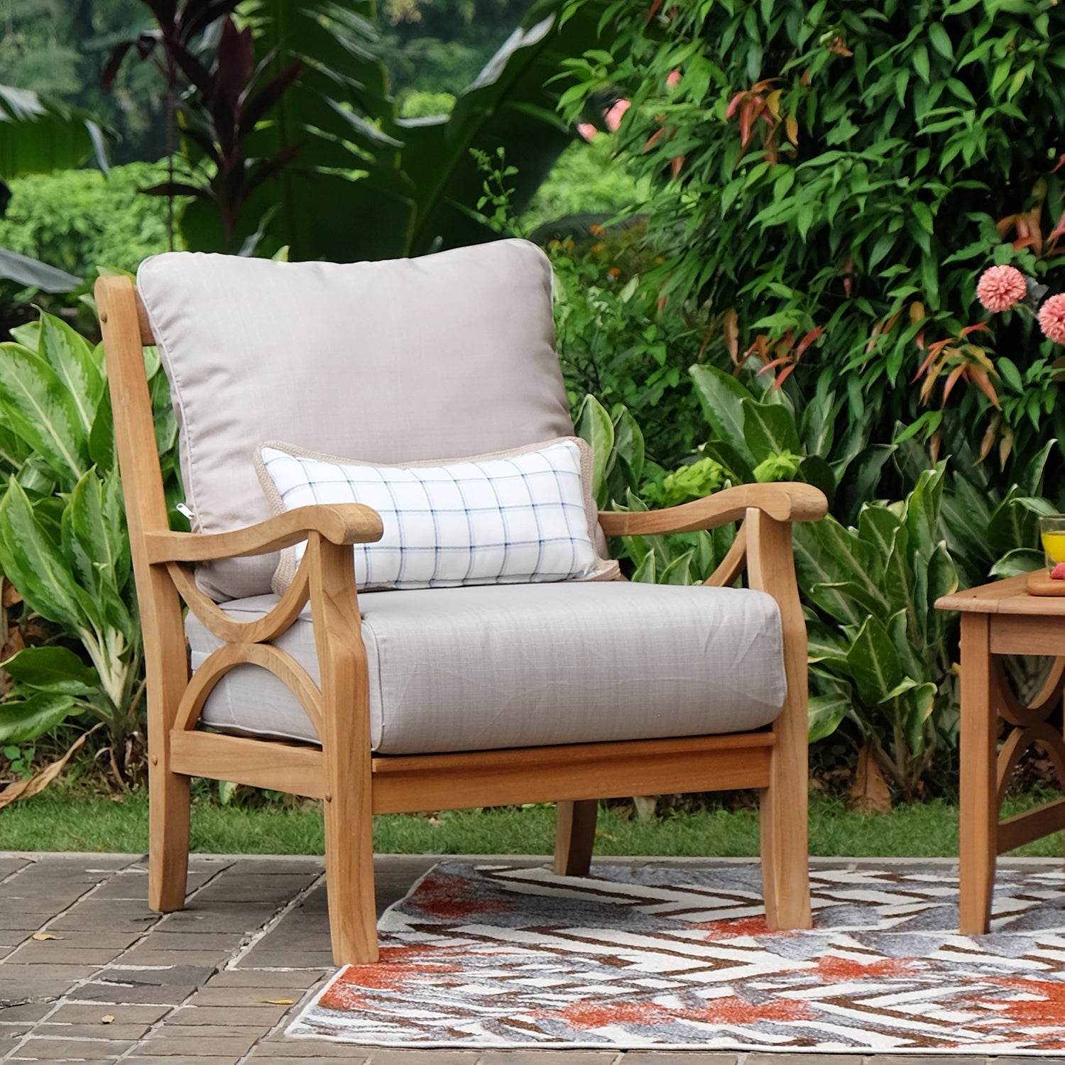 Abbington Teak Wood 3 Pieces Patio Conversation Set with Beige Cushion - Image 3