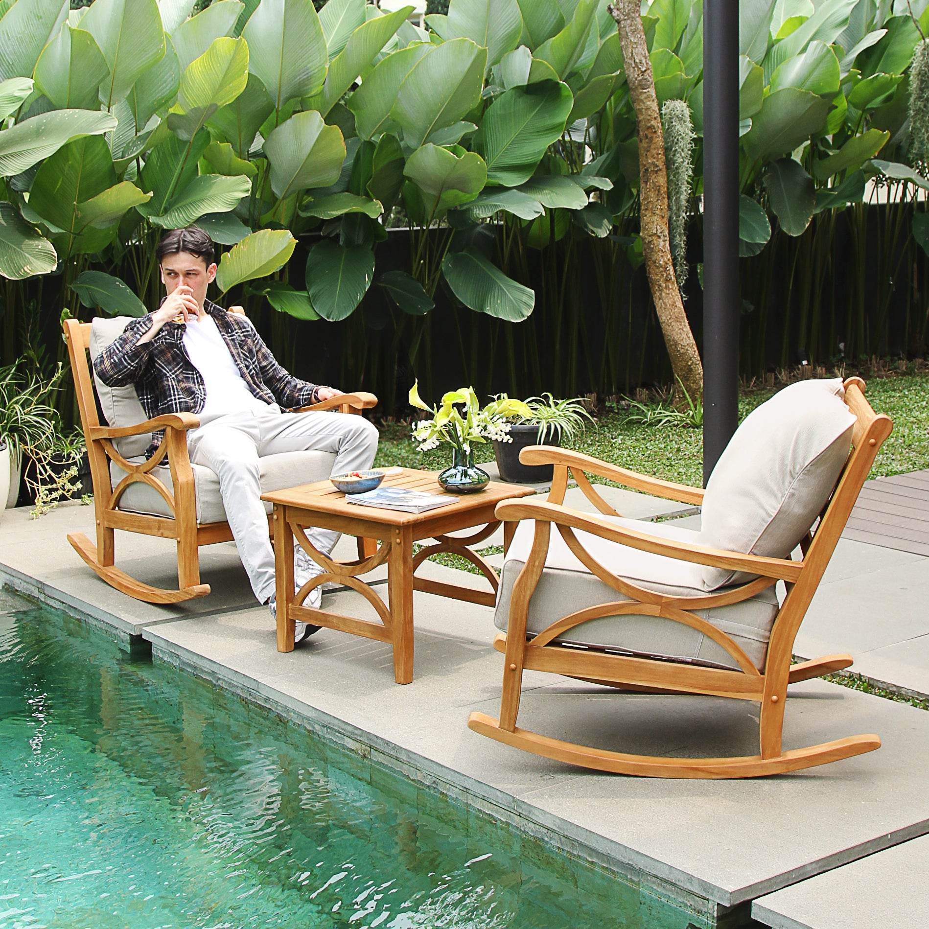 Abbington Teak Wood 3 Pieces Patio Rocker Conversation Set with Beige Cushion - Image 3