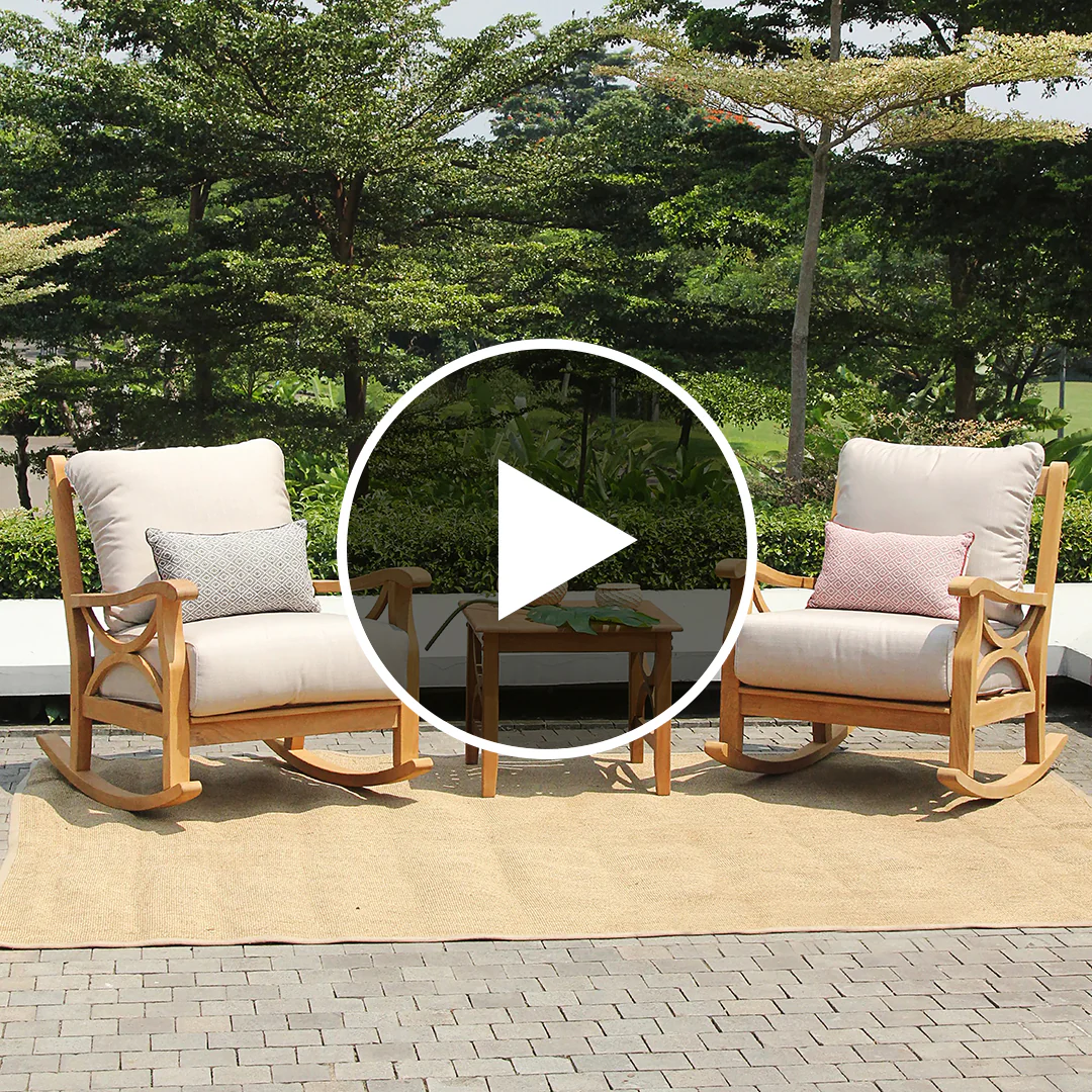 Abbington Teak Wood 3 Pieces Patio Rocker Conversation Set with Beige Cushion - Image 5