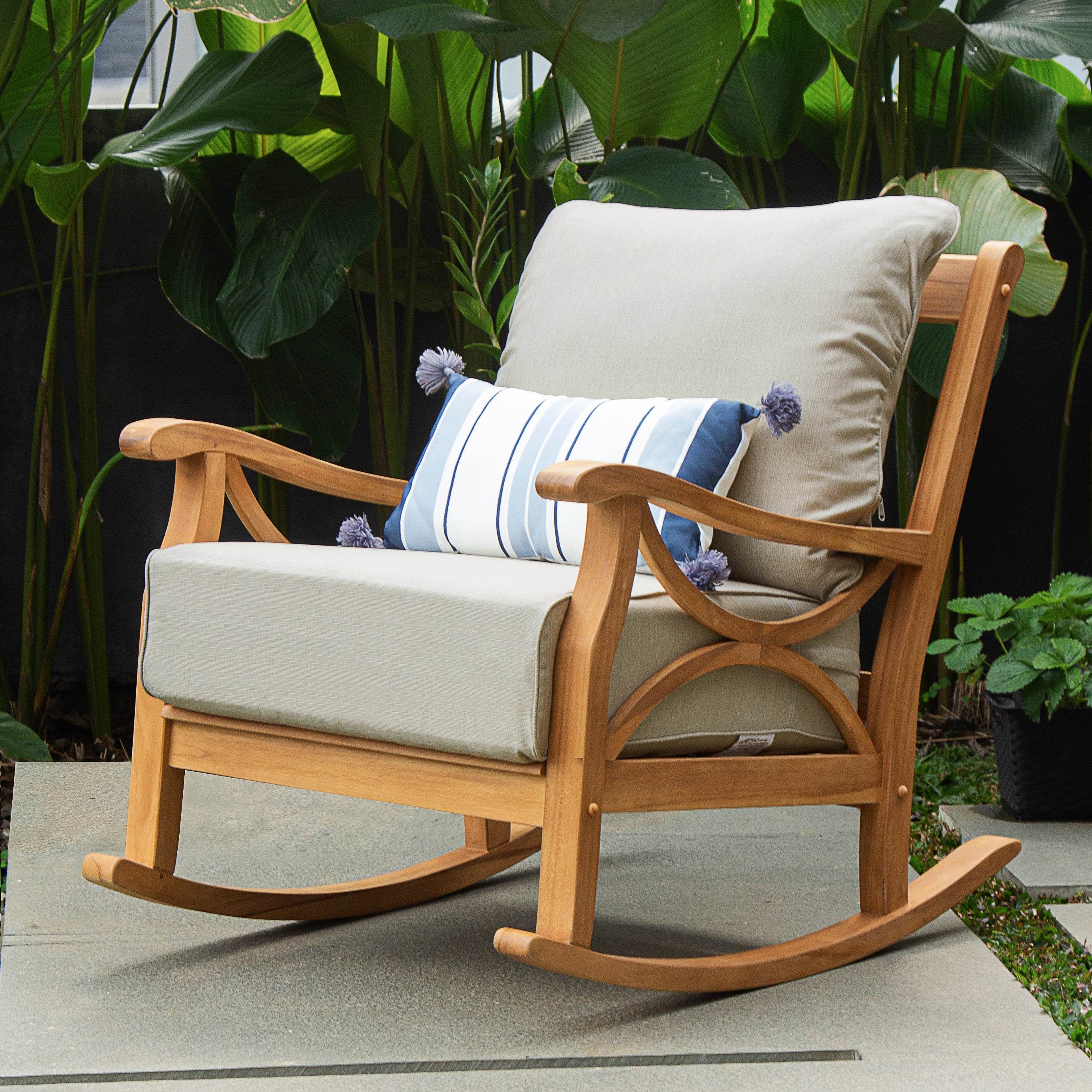 Abbington Teak Wood 3 Pieces Patio Rocker Conversation Set with Beige Cushion - Image 7