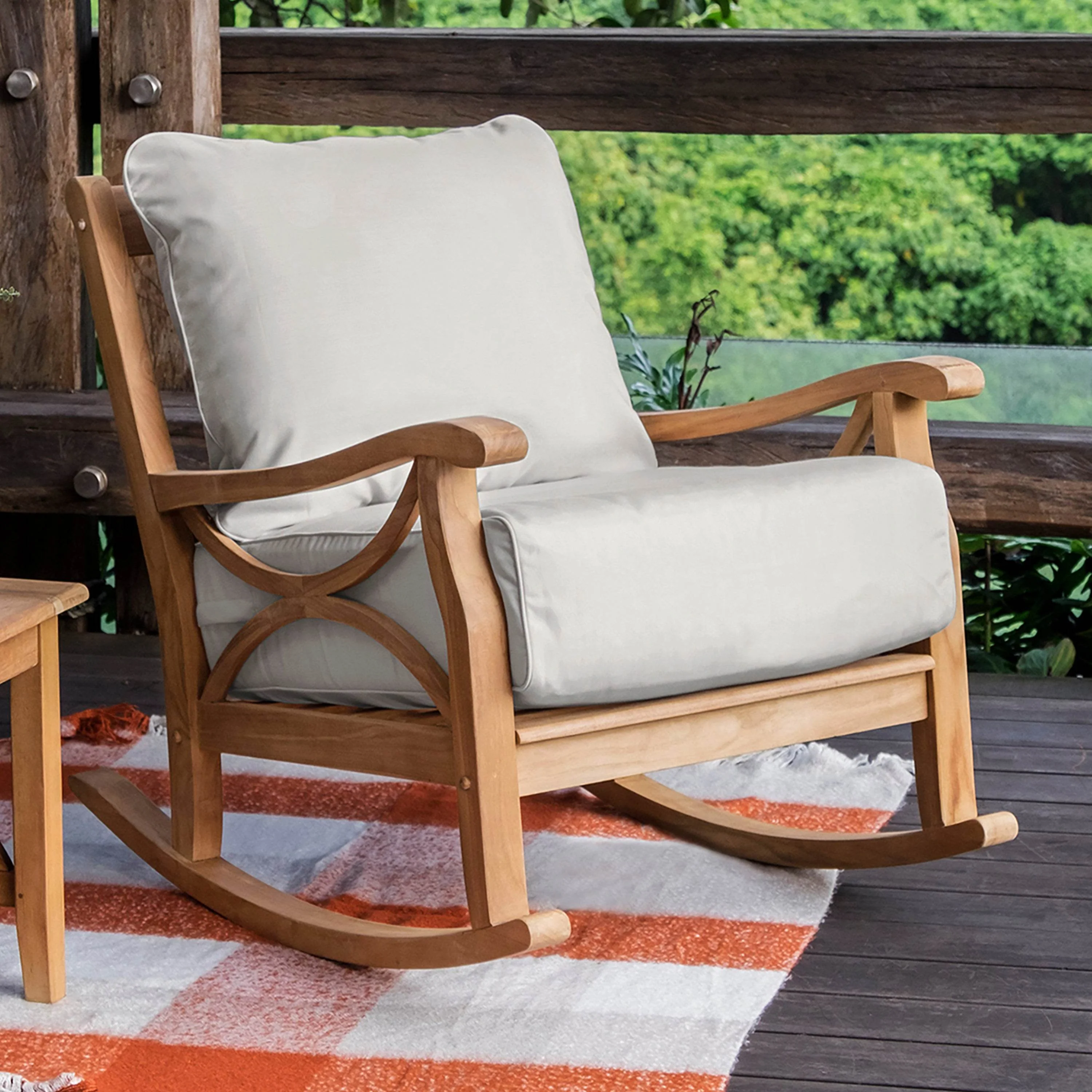 Abbington Teak Wood 3 Pieces Patio Rocker Conversation Set with Beige Cushion - Image 8