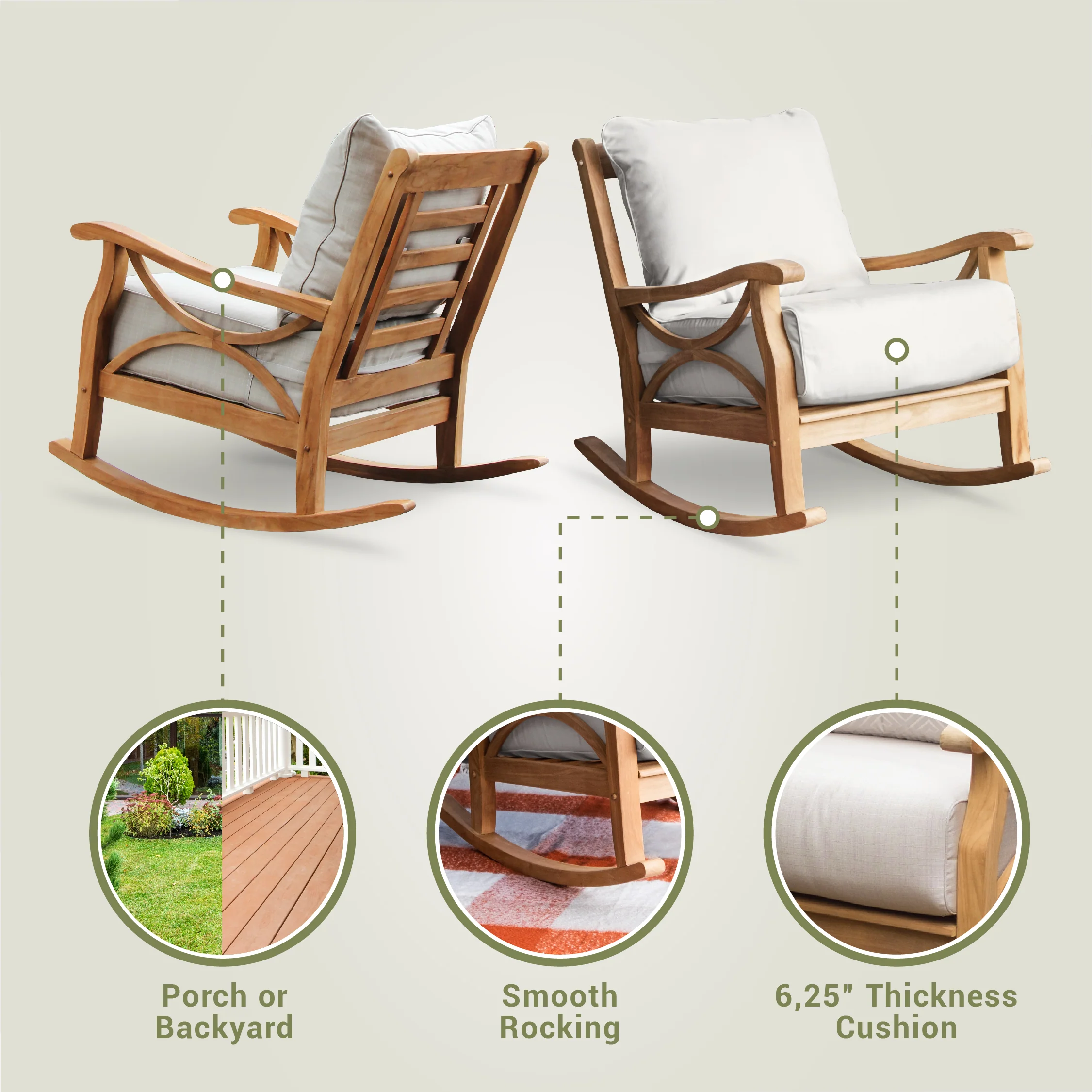 Abbington Teak Wood 3 Pieces Patio Rocker Conversation Set with Gray Cushion - Image 4