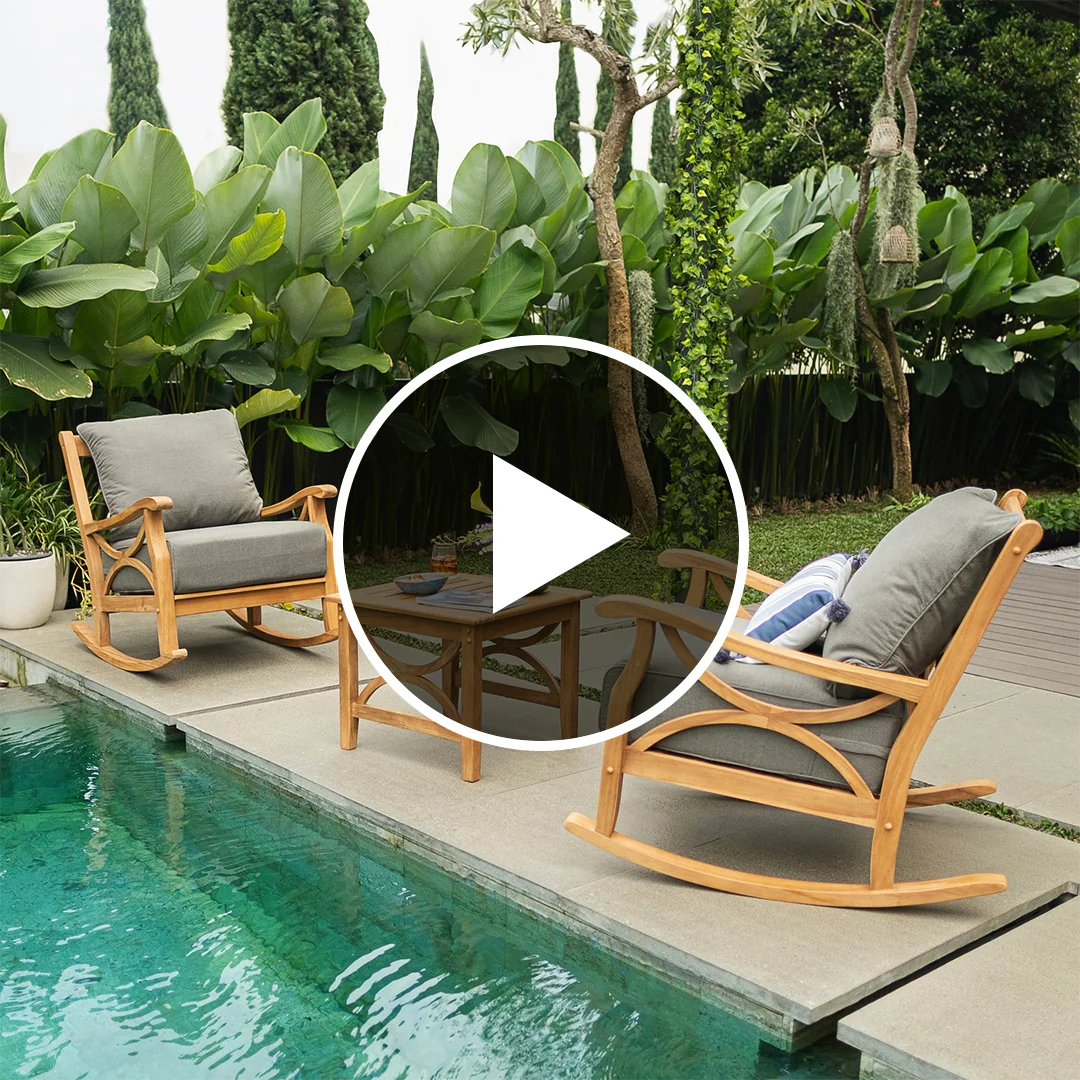 Abbington Teak Wood 3 Pieces Patio Rocker Conversation Set with Gray Cushion - Image 5
