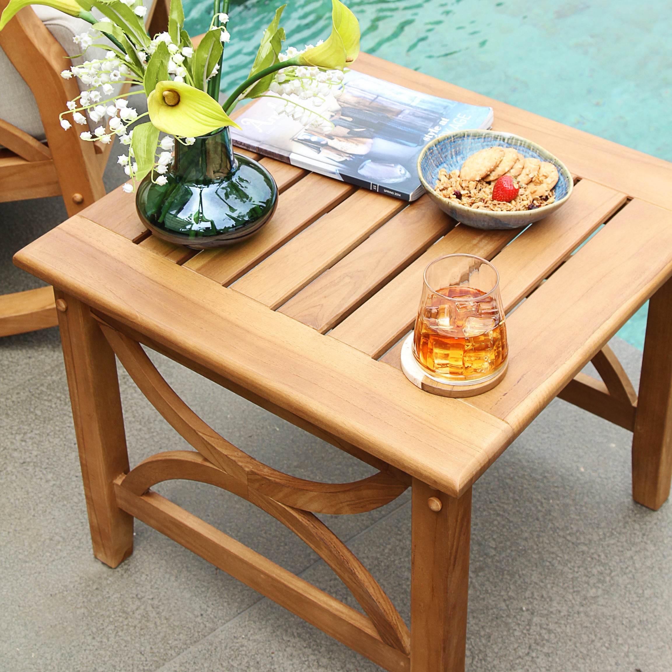 Abbington Teak Wood 3 Pieces Patio Rocker Conversation Set with Gray Cushion - Image 7