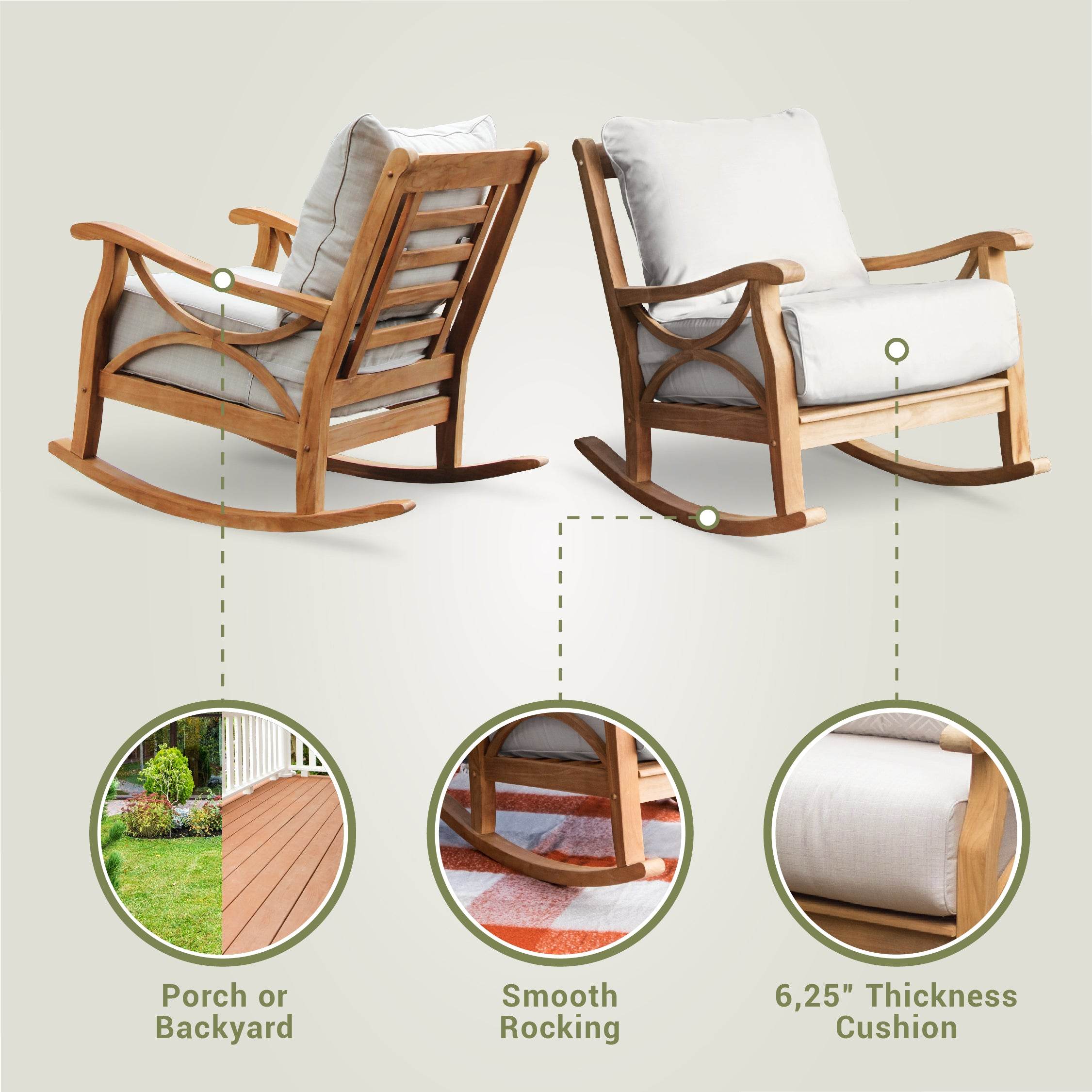 Abbington Teak Wood 3 Pieces Patio Rocker with Navy Cushion - Image 4