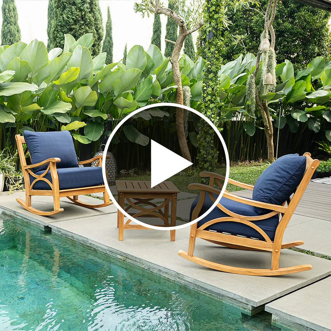 Abbington Teak Wood 3 Pieces Patio Rocker with Navy Cushion - Image 5