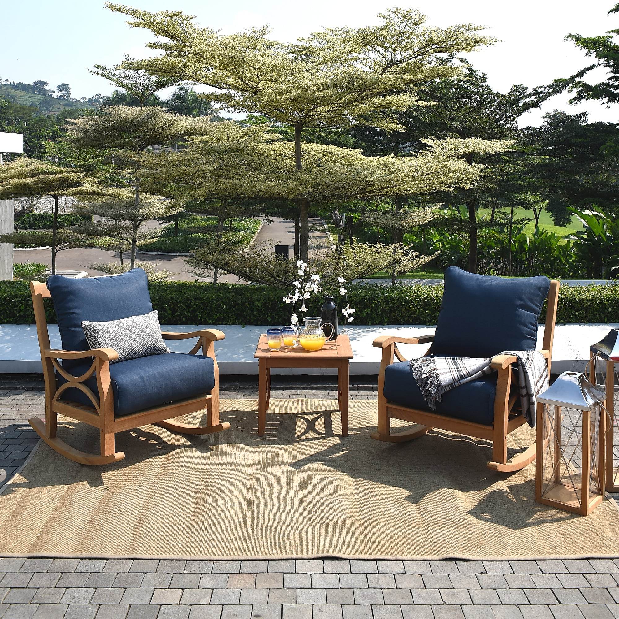 Abbington Teak Wood 3 Pieces Patio Rocker with Navy Cushion - Image 6