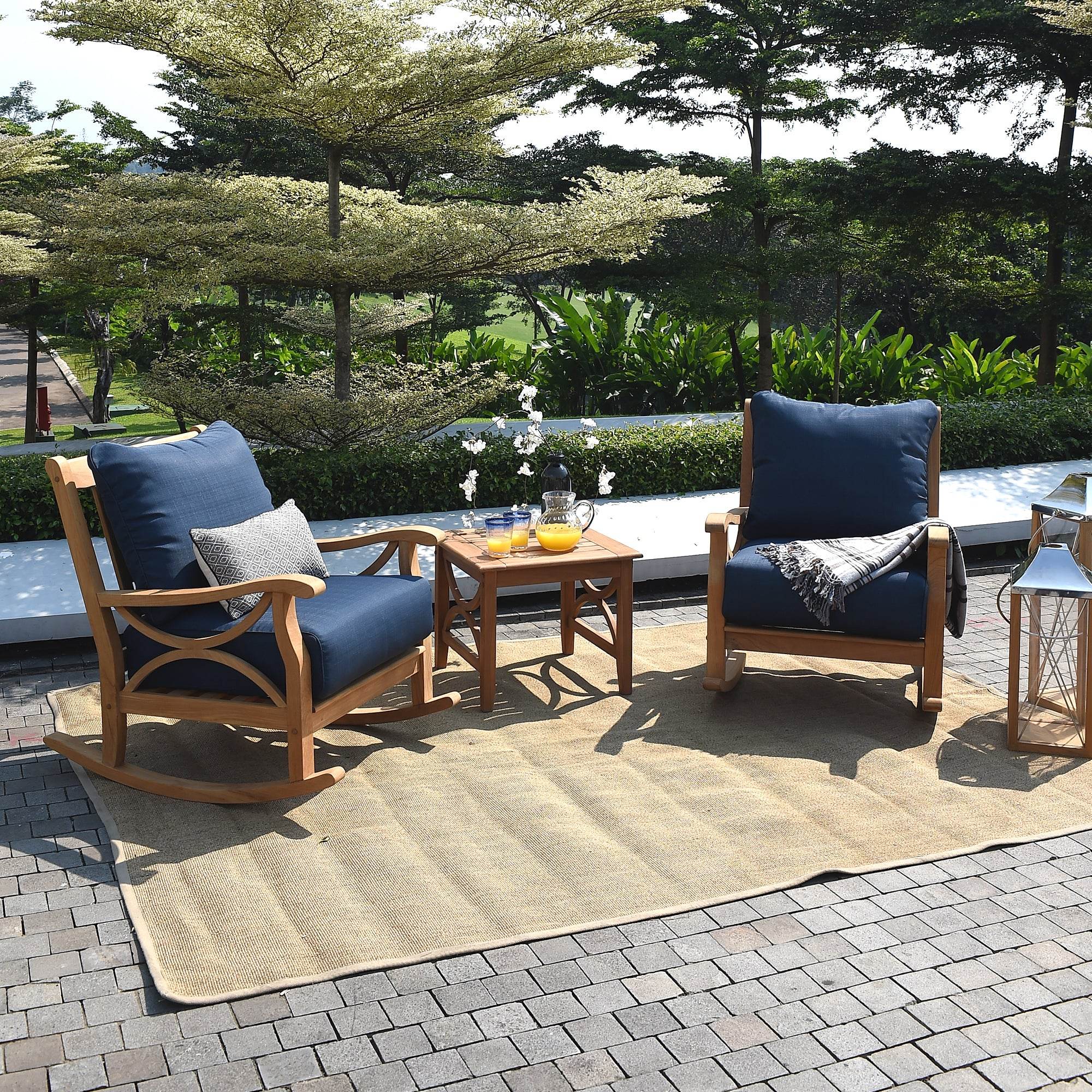 Abbington Teak Wood 3 Pieces Patio Rocker with Navy Cushion - Image 7