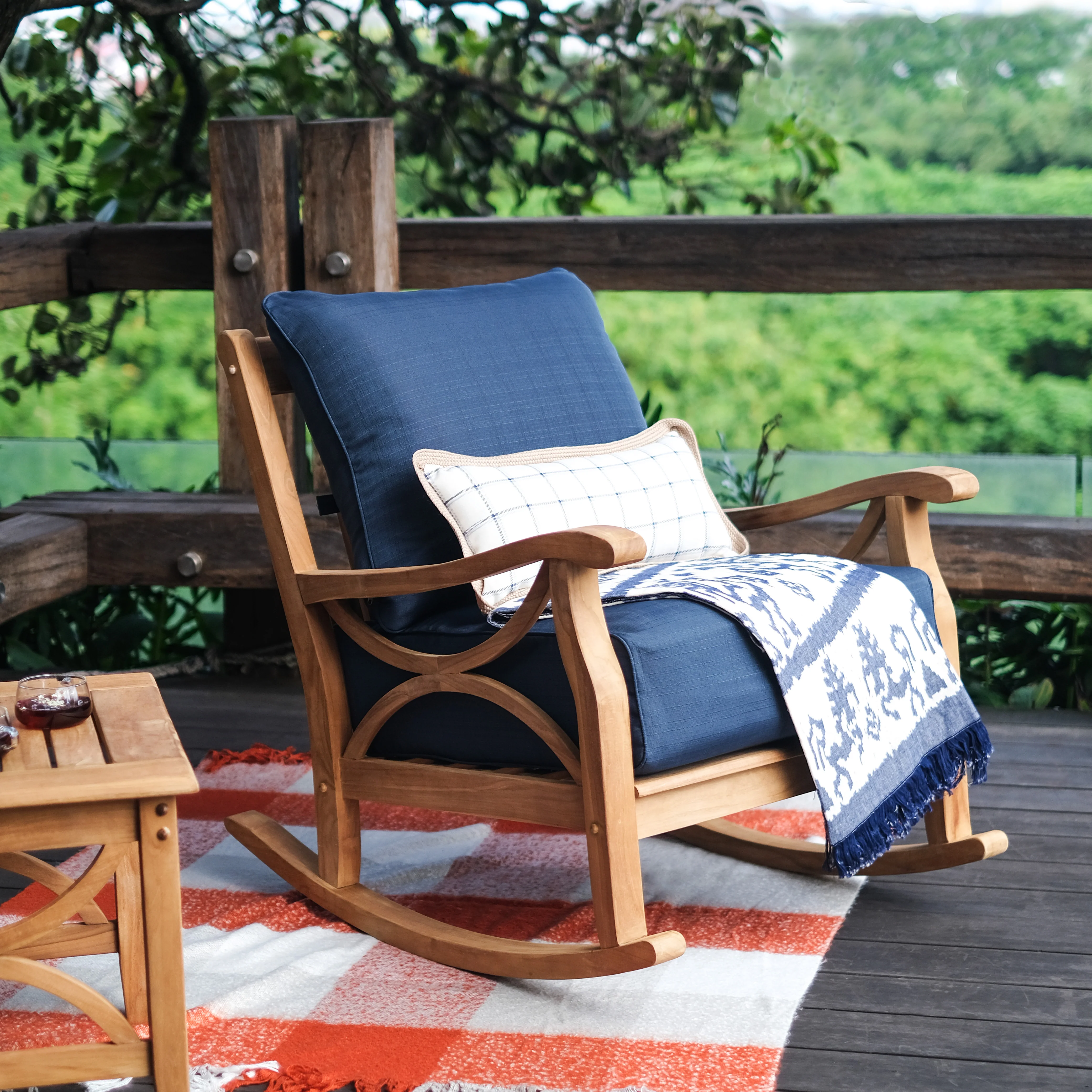 Abbington Teak Wood 3 Pieces Patio Rocker with Navy Cushion - Image 8