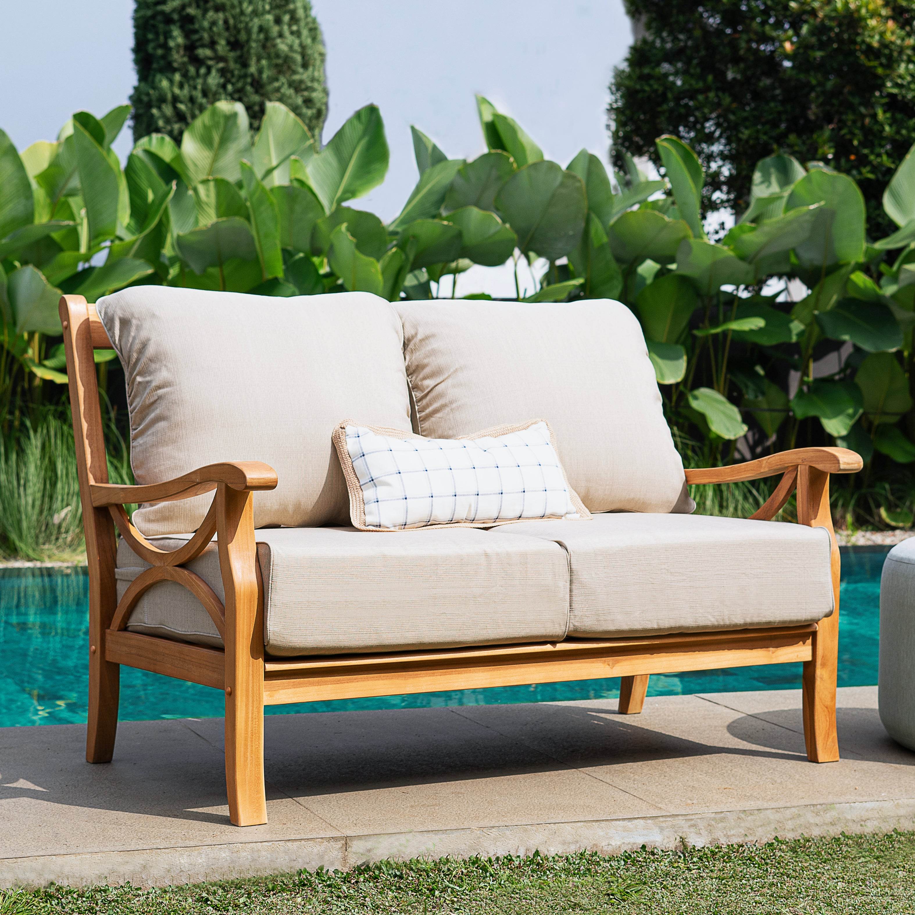 Abbington Teak Wood 4 Piece Patio Conversation Set with Beige Cushion - Image 2