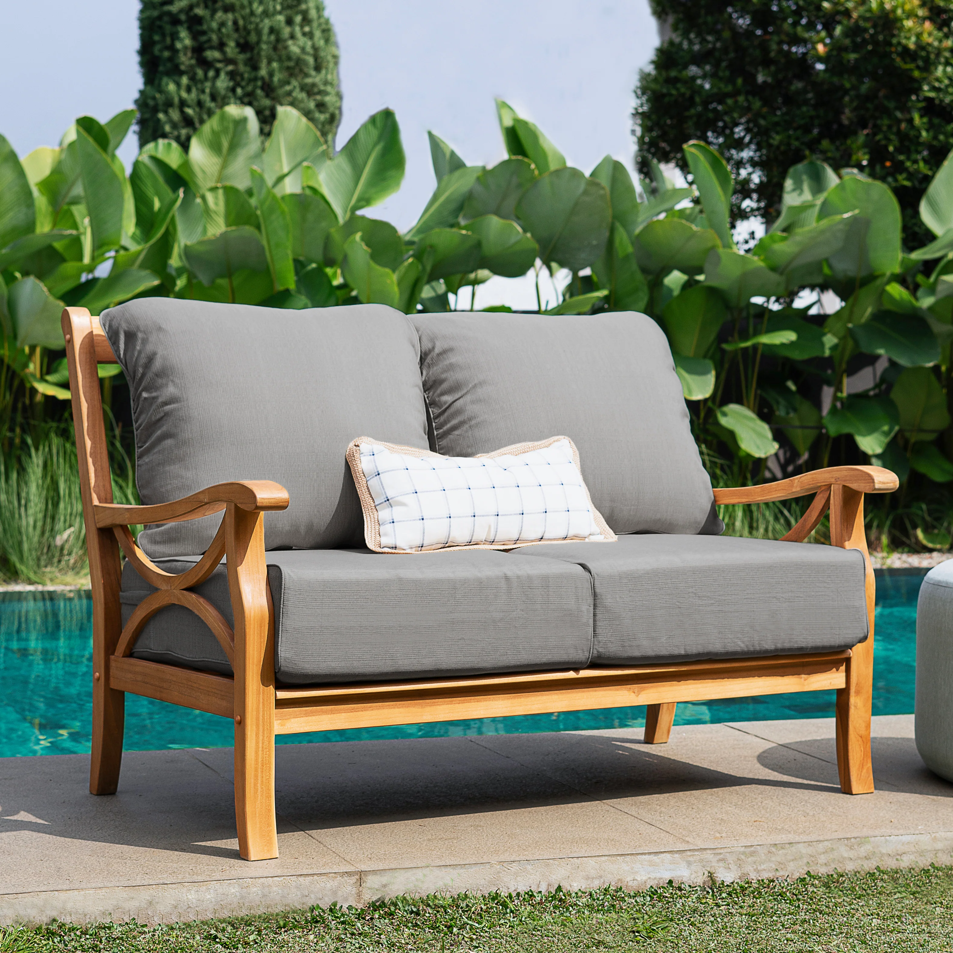 Abbington Teak Wood 4 Piece Patio Conversation Set with Gray Cushion - Image 2