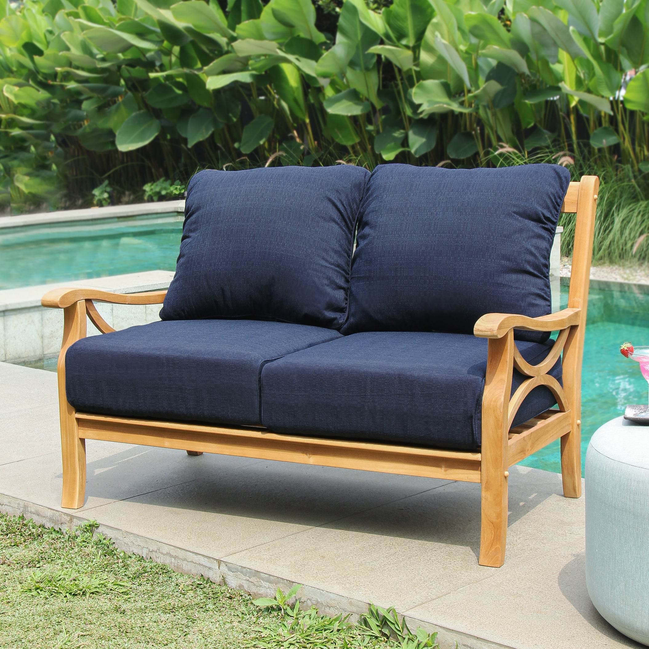 Abbington Teak Wood 4 Piece Patio Conversation Set with Navy Cushion - Image 2