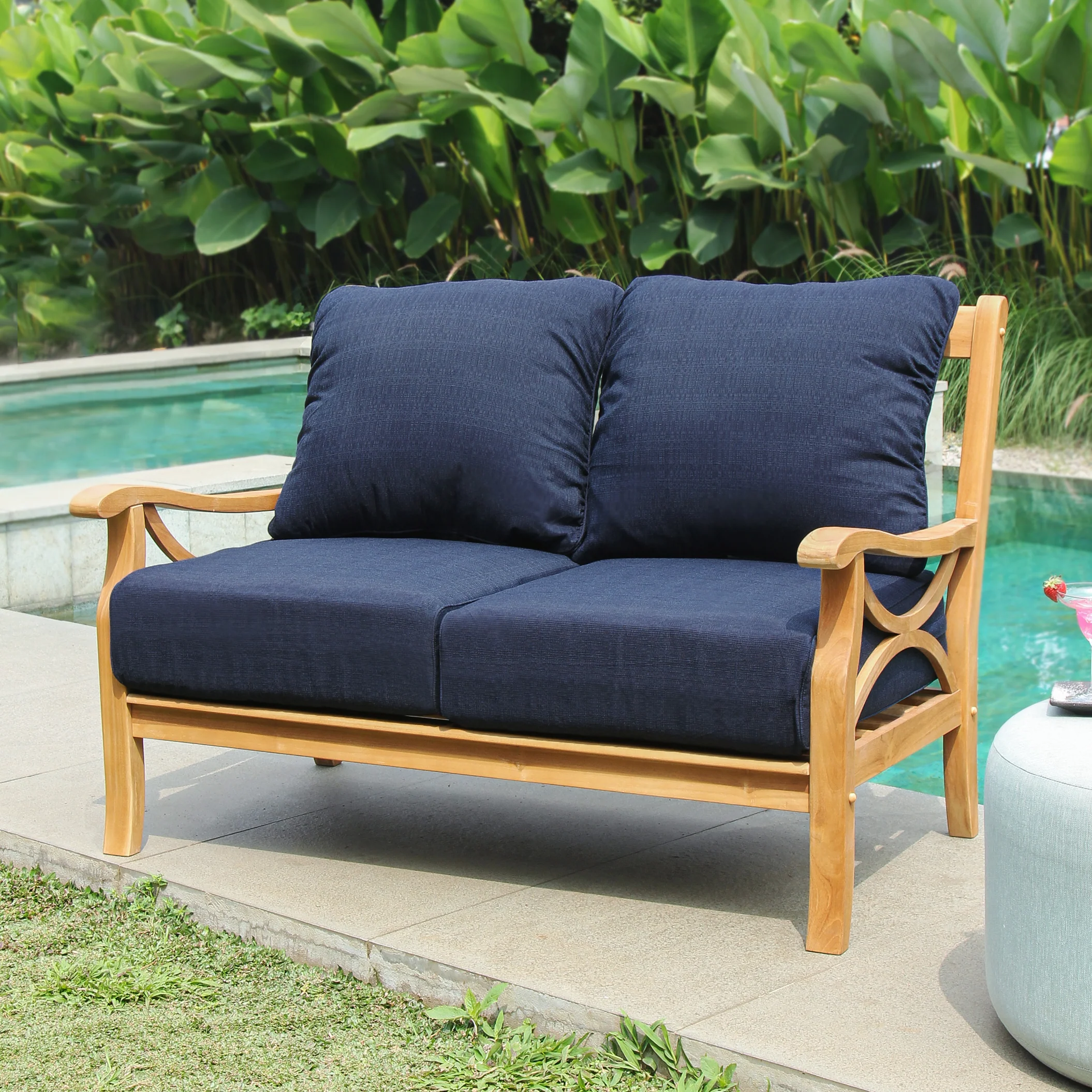 Abbington Teak Wood 4 Pieces Patio Conversation Set with Navy Cushion - Image 2