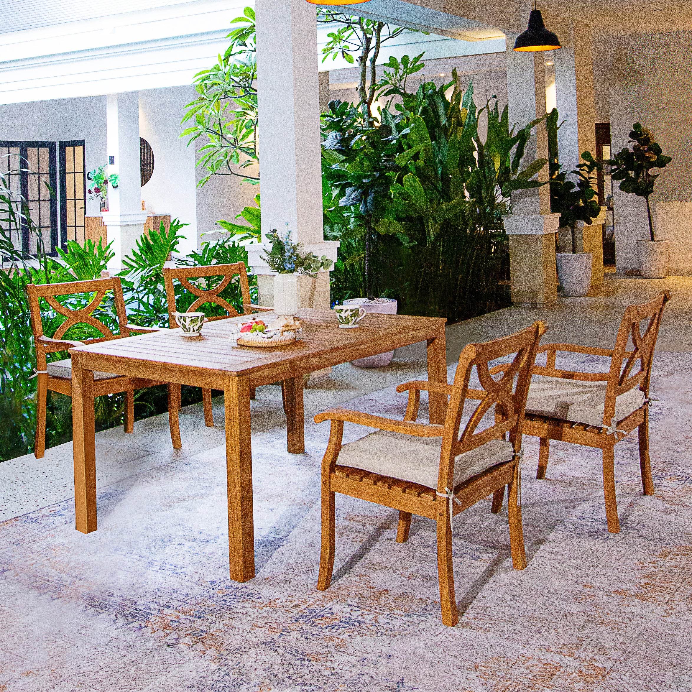 Abbington Teak Wood 5 Piece Outdoor Rectangular Dining Table with Beige Seatpad - Image 2
