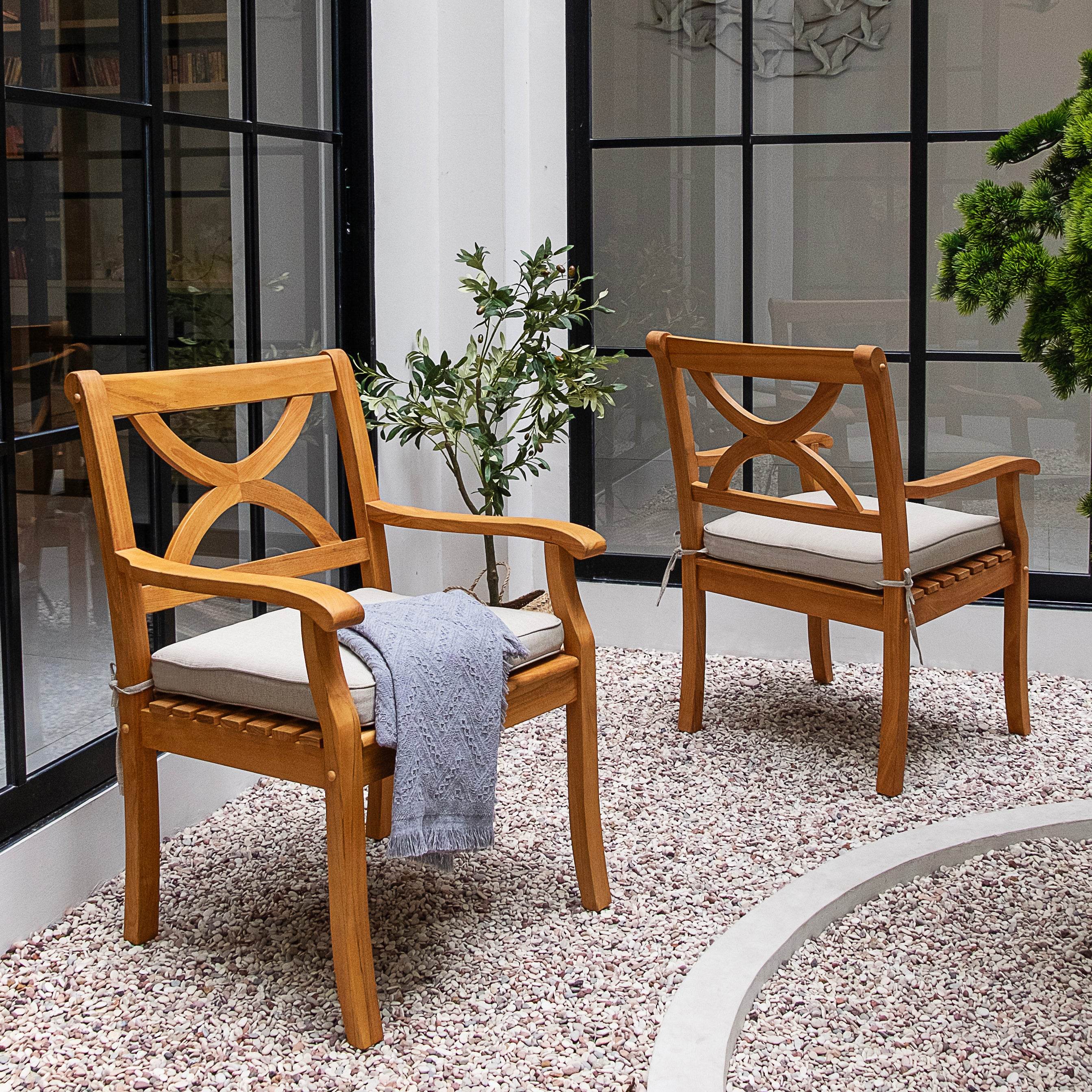 Abbington Teak Wood 5 Piece Outdoor Rectangular Dining Table with Beige Seatpad - Image 3