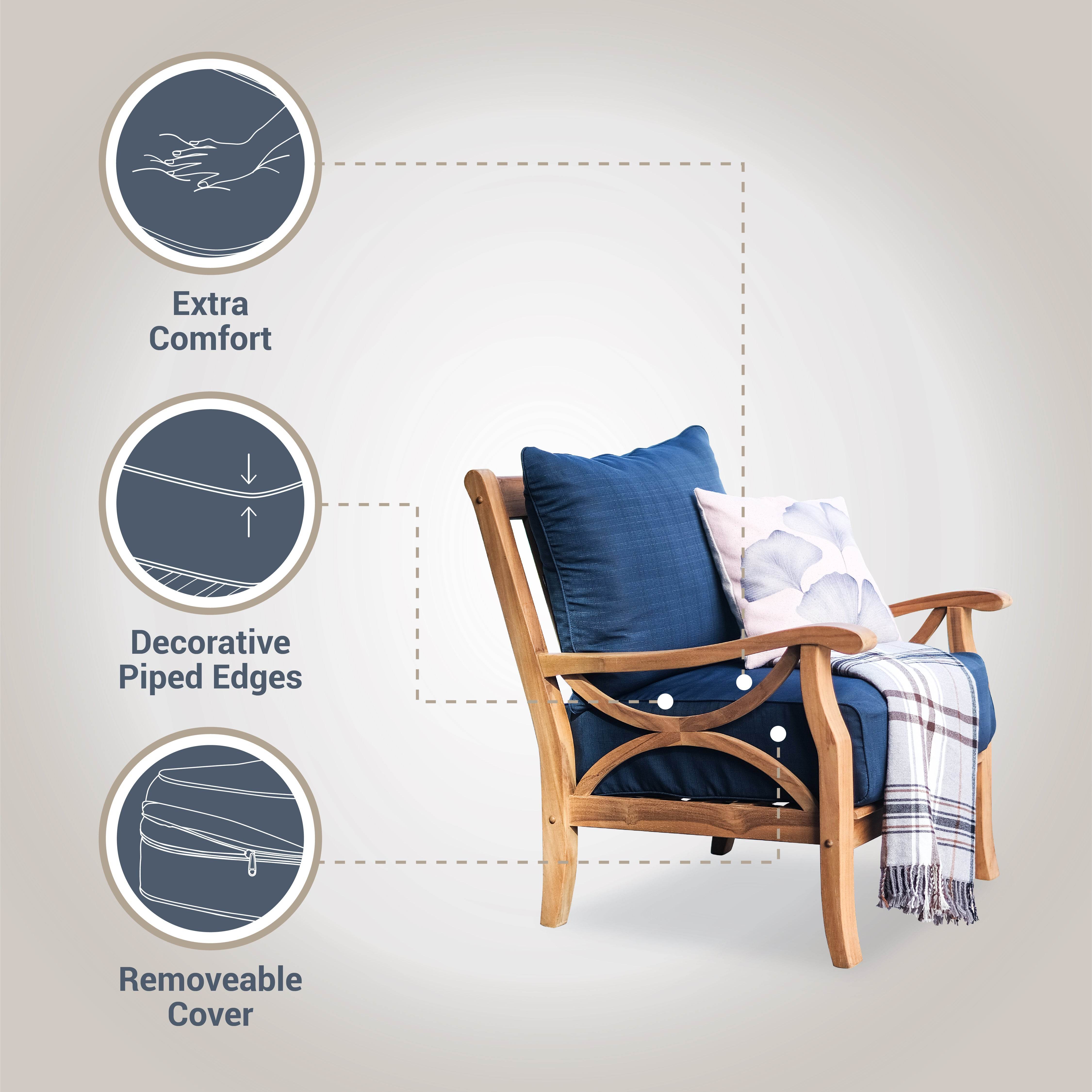 Abbington Teak Wood 5 Piece Outdoor Seating Set with Navy Cushion - Image 5