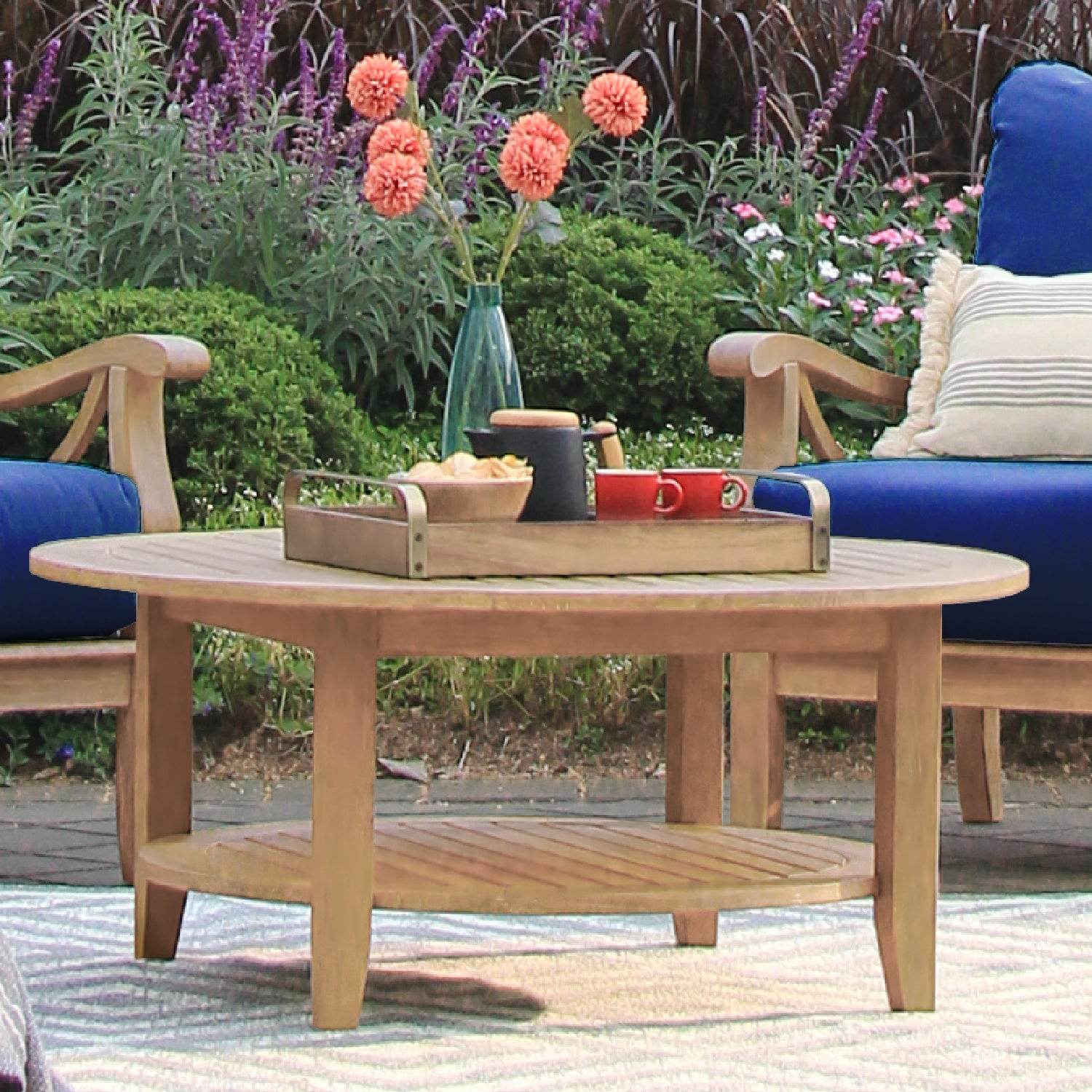 Abbington Teak Wood 5 Piece Outdoor Seating Set with Navy Cushion - Image 9