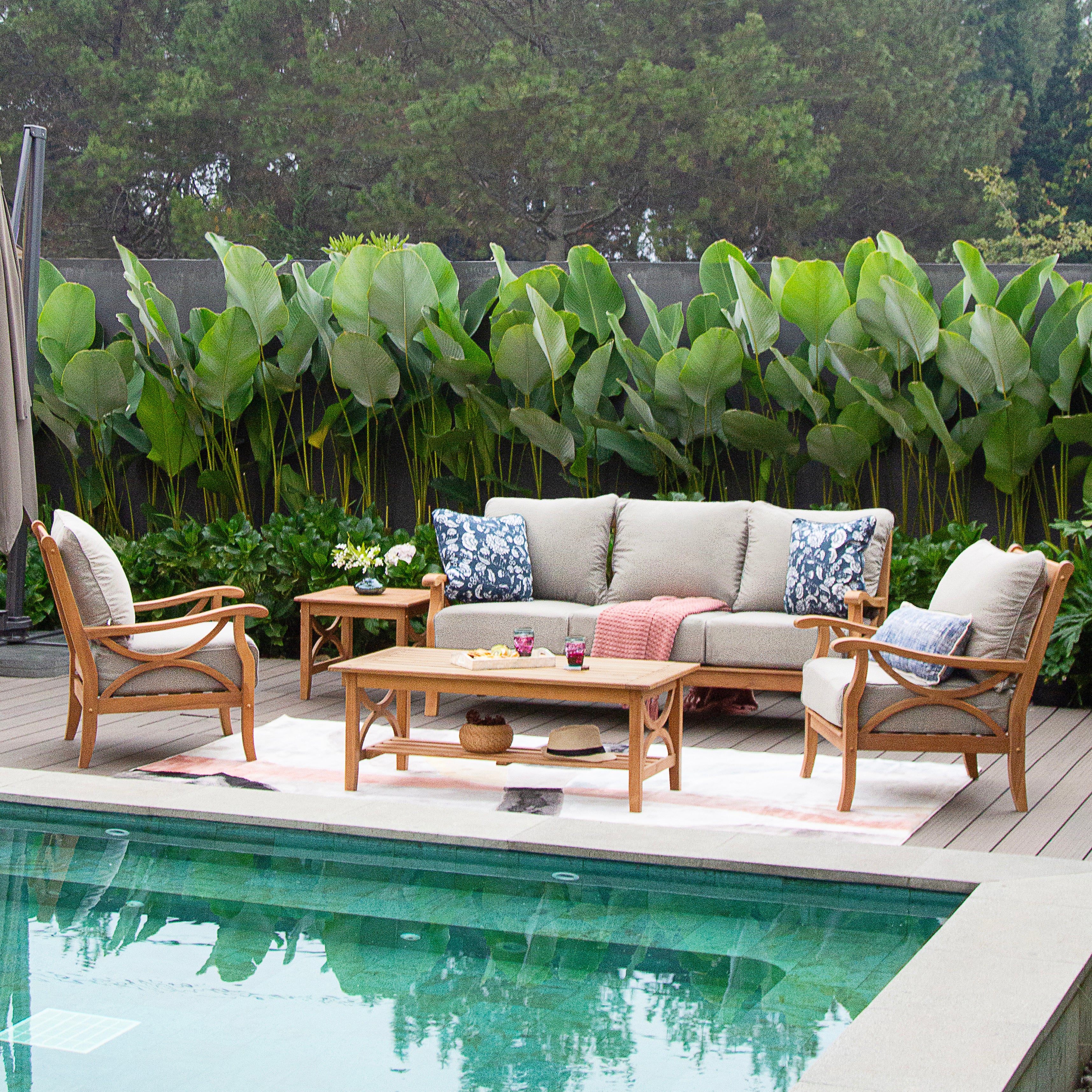 Abbington Teak Wood 5 Piece Patio Conversation Set with Beige Cushion - Image 3