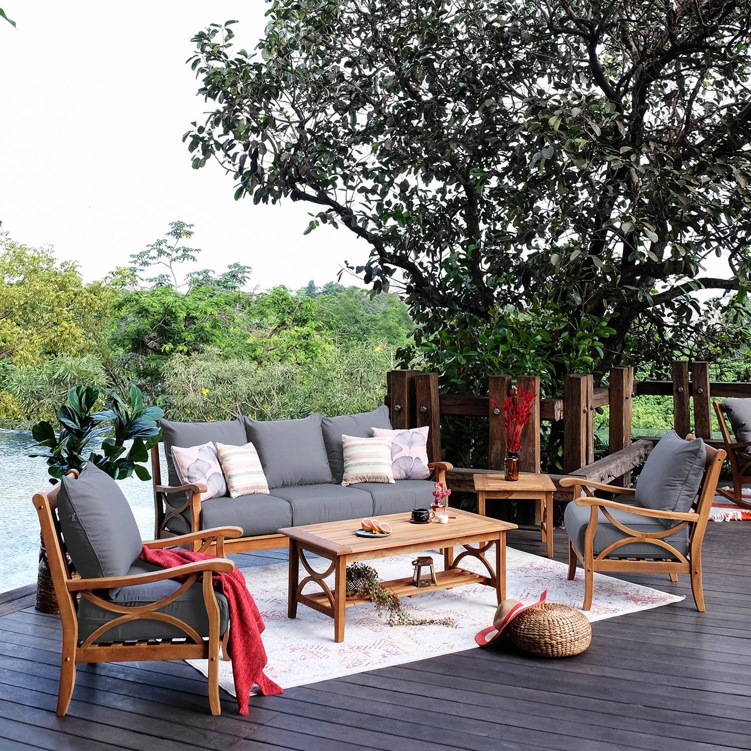 Abbington Teak Wood 5 Piece Patio Conversation Set with Gray Cushion - Image 3