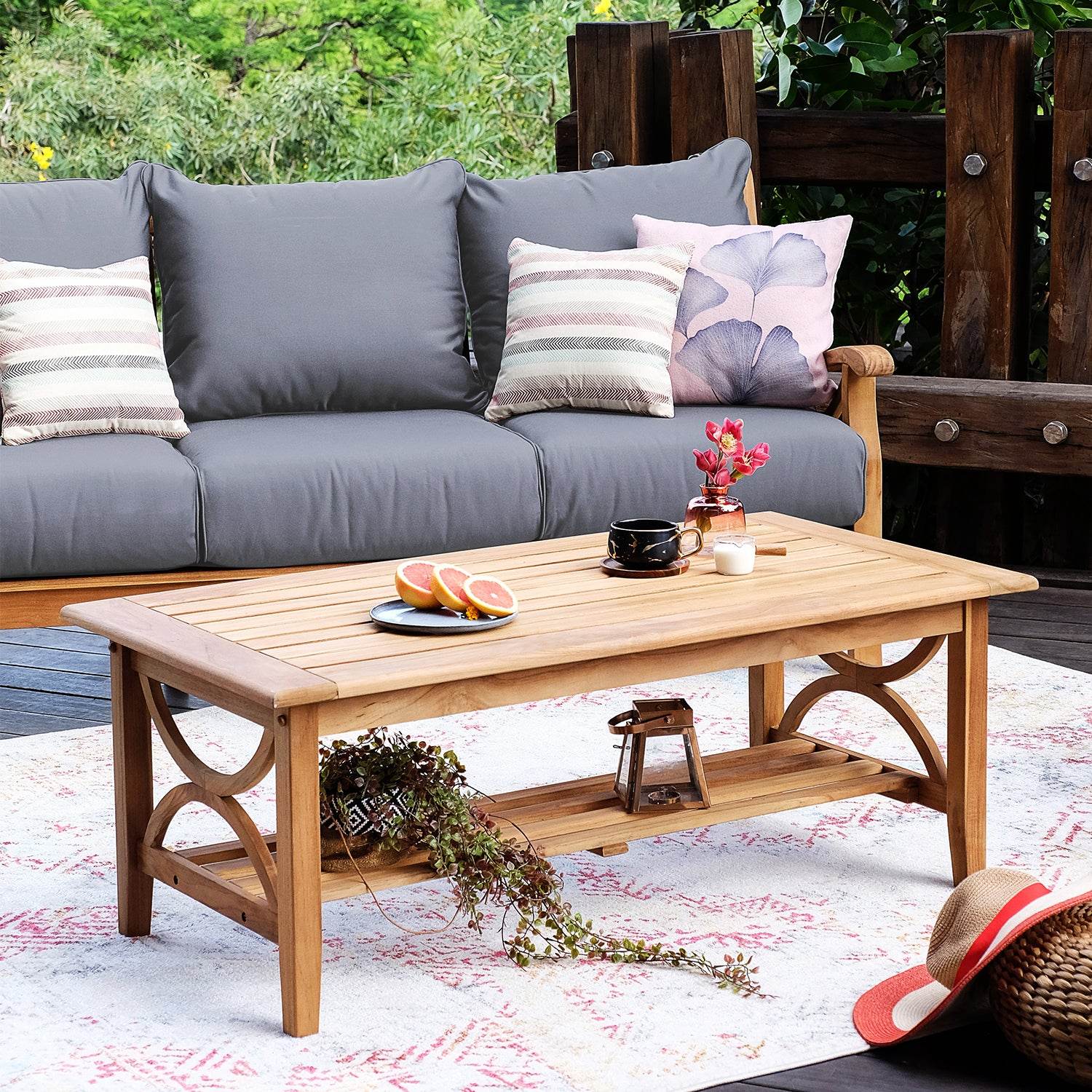 Abbington Teak Wood 5 Piece Patio Conversation Set with Gray Cushion - Image 8