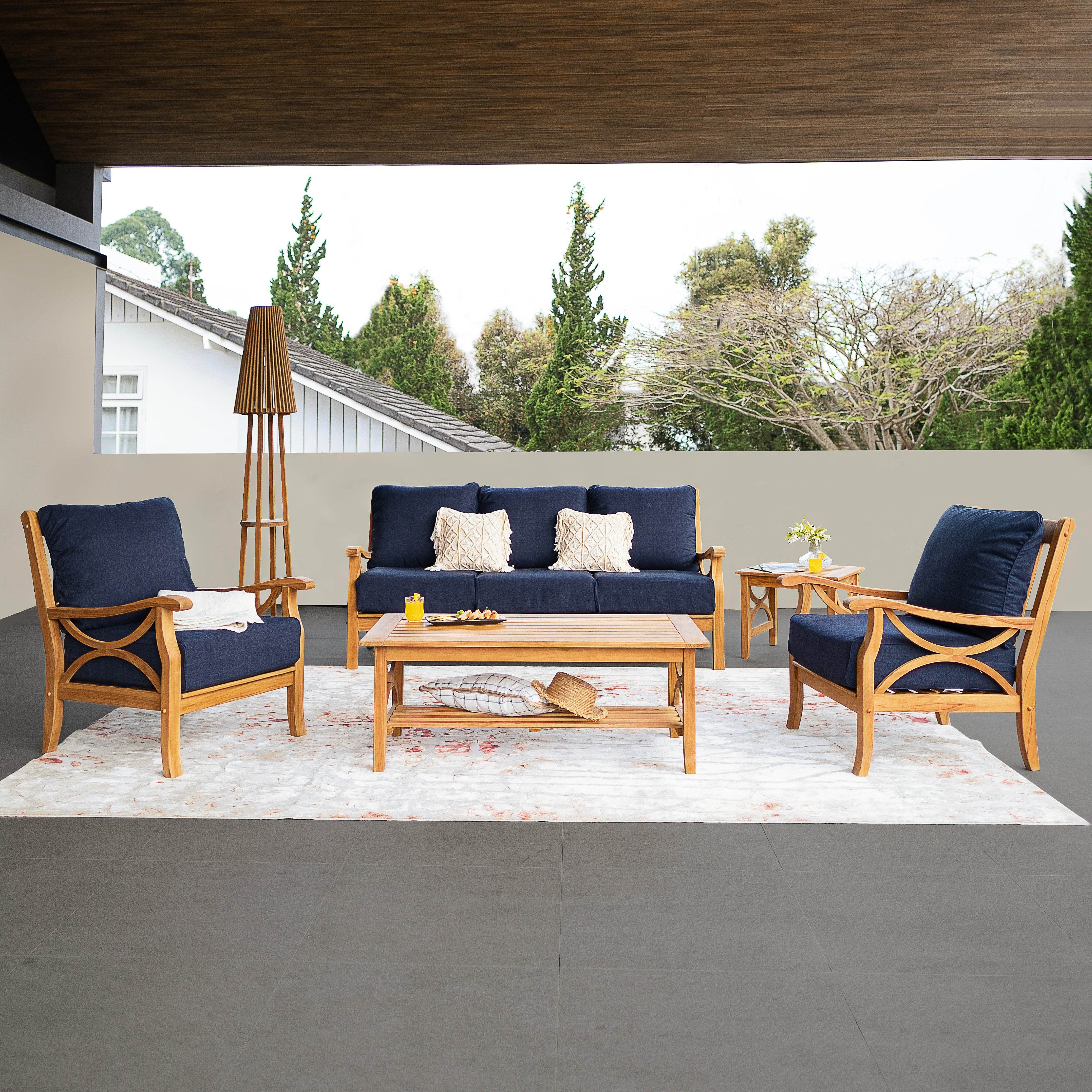 Abbington Teak Wood 5 Piece Patio Conversation Set with Navy Cushion - Image 3