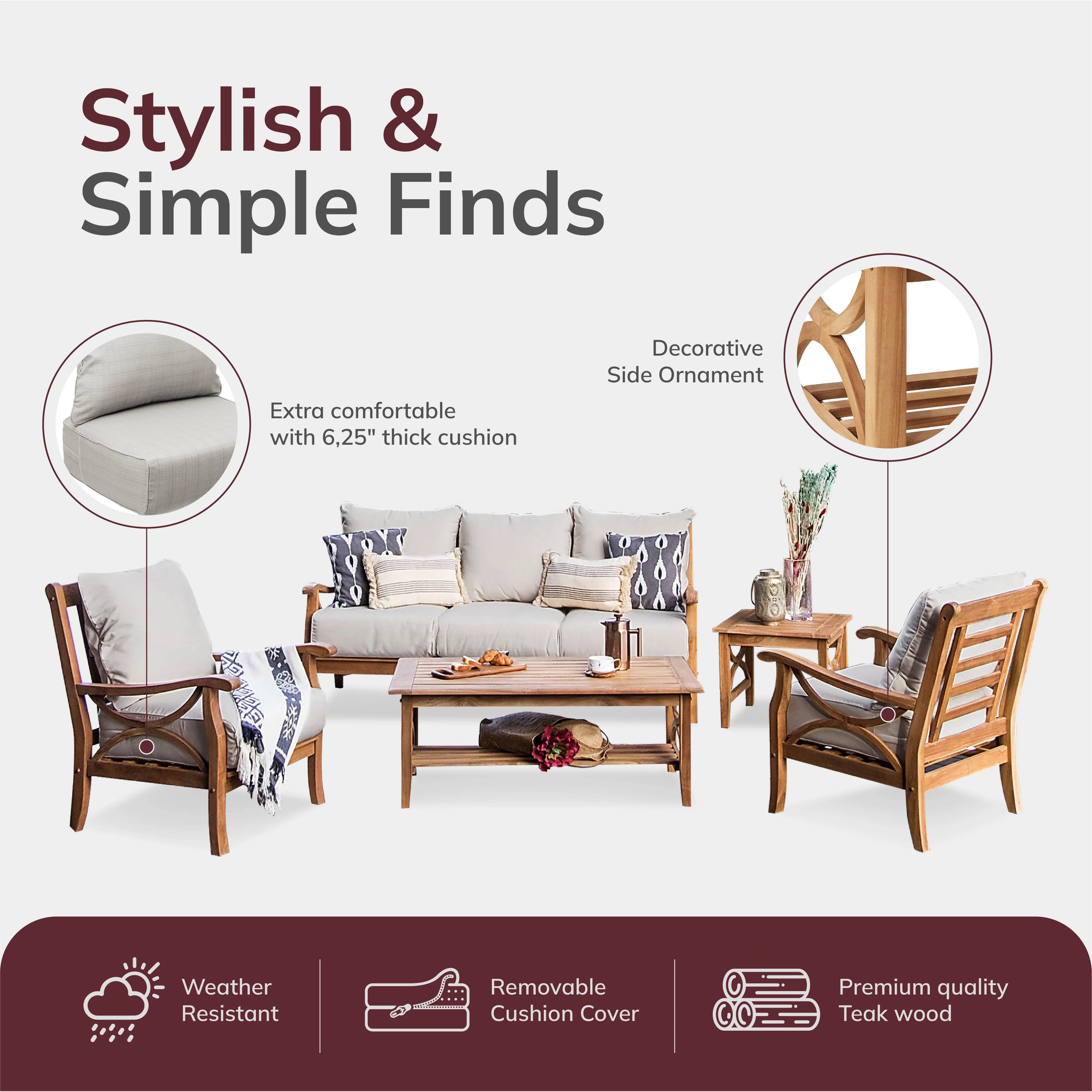 Abbington Teak Wood 5 Piece Patio Conversation Set with Navy Cushion - Image 4